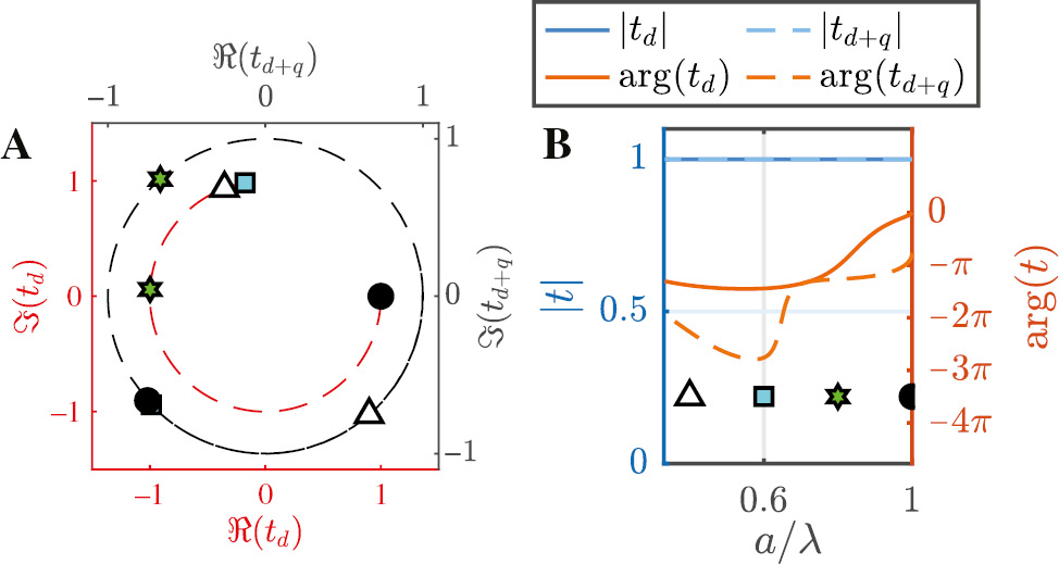 Figure 2: Metasurface transmission in periodicity sweep.(A) The zero-order complex transmission t and (B) its phase and amplitude through a square-array periodic subwavelength arrangement of dual dipole d and dual dipole-quadrupole d+q Lorentzian particles (Figure 1A) at their individual resonance wavelengths λ0=1500 nm as a function of the normalised lattice constant. The coloured markers correspond to a specific normalised lattice constant as can be seen from (B).