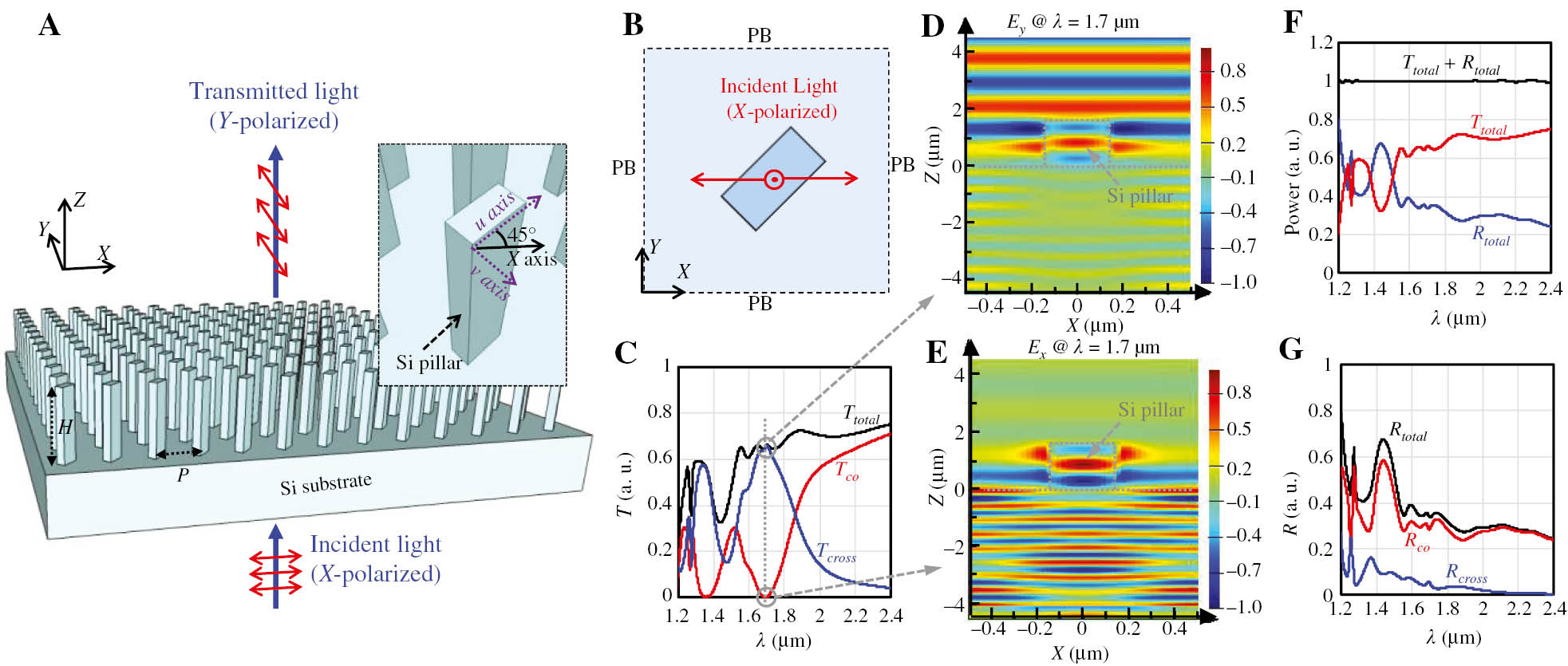 Figure 1: Schematic and design of Si metasurface-based HWP.(A) 3D schematic of the metasurface-based HWP, which is composed of an array of identical Si nano-pillars. The inset is an enlarged view of a Si pillar. The angle between the long-axis (u-axis) of the pillar and the X-axis is 45°. (B) Top view of the Si nano-pillar unit cell in FDTD simulation. PB, periodic boundary. (C) Simulated transmittance spectra of a HWP with L=400 nm, W=200 nm, and H=1700 nm at λ=1.2 to 2.4 μm. Amplitude of the electric field along the (D) Y-axis and (E) X-axis at λ=1.7 μm. (F) Total transmittance (Ttotal) and reflectance (Rtotal) spectra of the HWP. (G) Simulated reflectance spectra of the HWP.