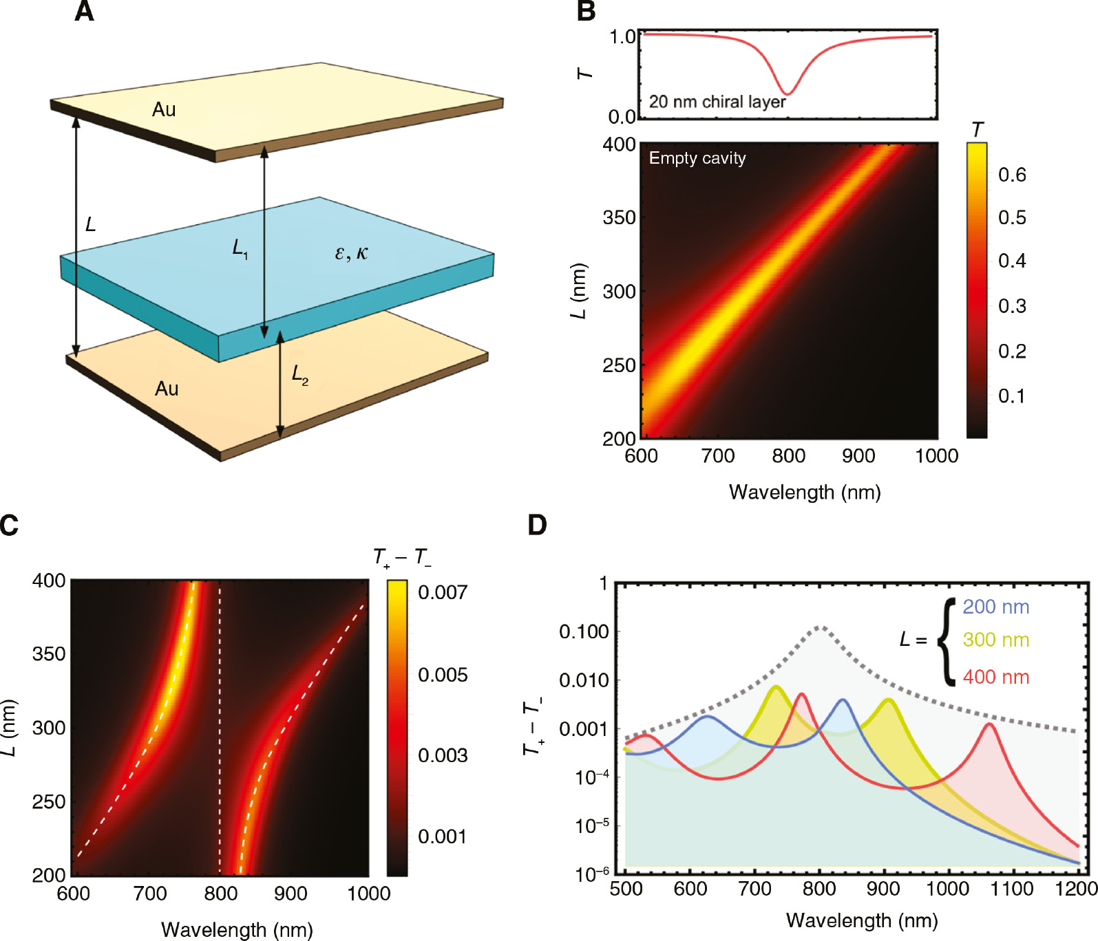 Figure 2: Transfer-matrix calculations of a chiral multilayer system.(A) Sketch of the system studied with the TMM method: a bi-isotropic chiral layer characterized by a resonant permittivity ε and Pasteur parameter κ placed between two gold mirrors. (B) Transmission spectrum of a 20 nm thick bi-isotropic chiral layer in free space, and transmission spectra of an empty cavity as a function of its thickness. (C) CD spectra of the coupled system with the chiral film placed in the middle of the cavity as the function of the cavity thickness. (D) CD spectra of the 20 nm thick chiral film placed in the middle of the cavity of various thicknesses (solid curves) compared to that of the same film in vacuum (dashed grey). Note logarithmic scale in y-axis.