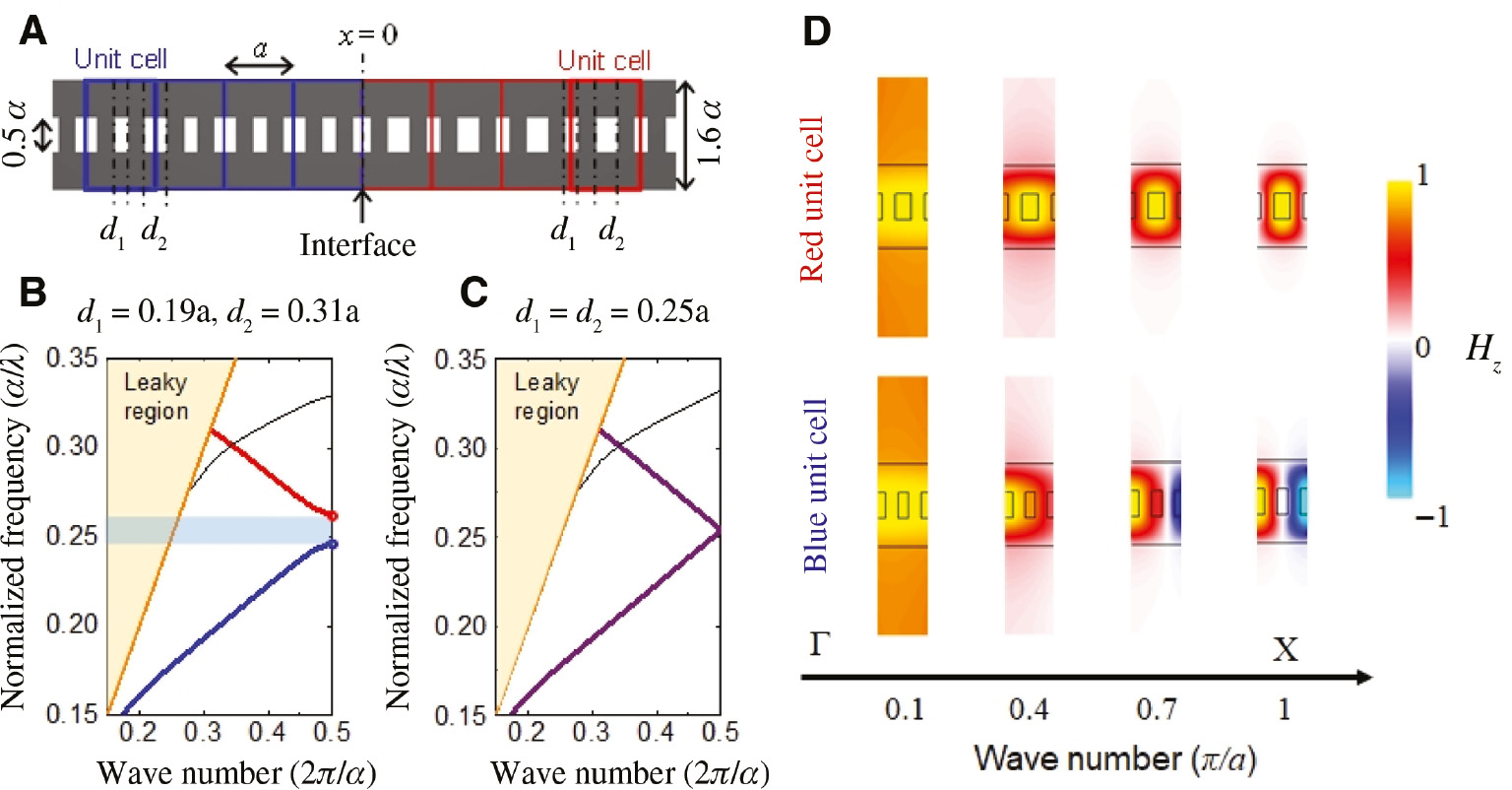 Figure 4: 1D topological photonic crystal nanobeam.(A) Details of the design of the topological nanocavity based on photonic crystal nanobeams, the schematic of which is depicted in Figure 1E. The interface is formed between a topological photonic crystal based on the blue unit cell and a trivial photonic crystal with the red unit cell. (B) Computed optical bands for the photonic crystal constituted of the blue unit cell with d1=0.19a and d2=0.31a. (C) The same in (B) but with d1=d2=0.25a. (D) Evolution of wavefunctions across the momentum space, calculated for the trivial and topological photonic crystals. (A–C) Reproduced from Ref. [29].