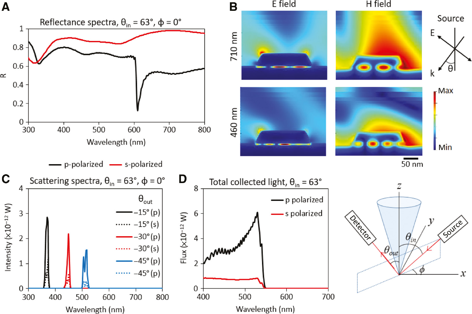 Figure 3: FDTD simulations of arrays of Al disks.(A) Reflectance from a 63°-polar angle (θ), 0°-azimuthal angle (ϕ) plane wave source for an array of 200 nm wide disks with Px of 320 nm and Py of 220 nm. (B) Electric and magnetic fields for p-polarized illumination at 710 nm and 460 nm wavelengths. (C) Scattered field spectra for a rectangular array of 200 nm wide disks with Px of 320 nm and Py of 220 nm, under p- and s-polarized illumination from polar angle of 63° and azimuthal angle of 0°. Fields are collected at the same azimuthal angle and polar angles between 0° and 45°. (D) Total scattered light within a collection cone with half-angle of 53°, for p- and s-polarized illumination.