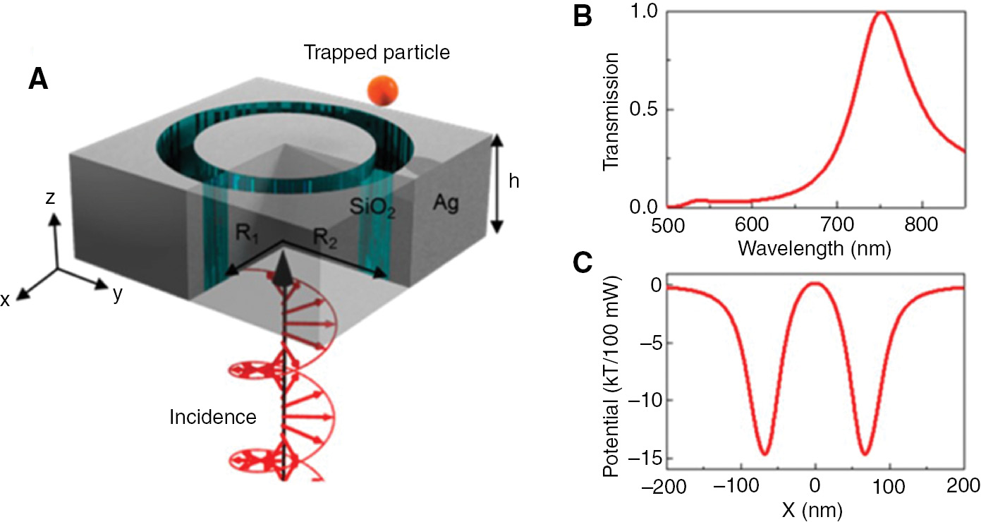 Figure 4: Optically trapping chiral particles.(A) Schematic view of the plasmonic coaxial aperture. The incident light is left-handed circularly polarized and propagates along the +z direction. (B) and (C) are the calculated transmission and the one-dimensional trapping potential on an achiral particle with a refractive index of 1.45 and a diameter of 20 nm in water, 20 nm above the aperture. The trapping potential is normalized to 100 mW transmitted power. Adapted with permission from Ref. [45]. Copyright 2016 American Chemical Society.