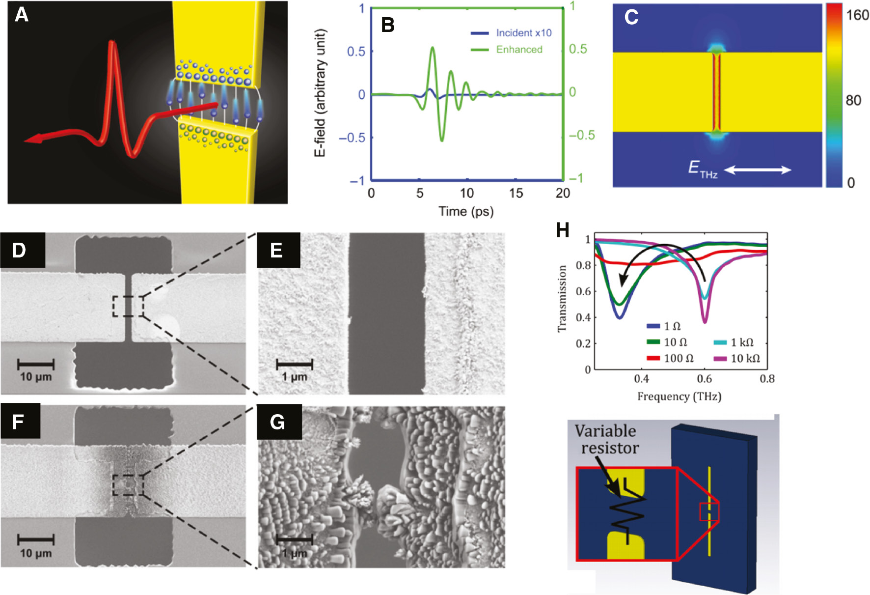 Figure 8: Dipole antenna-based terahertz field–driven electron emission.(A) Illustration of terahertz-induced field emission experiment. The single-cycle strong terahertz pulse enables electrons escape from the gold–vacuum interface. (B) Resonantly enhanced terahertz field in time domain at the gap of dipole antenna. (C) Simulated result of two-dimensional spatial distribution of electric field enhancement. (D–G) SEM images of a dipole antenna gap before (D, E) and after (F, G) strong terahertz field exposure. (H) Transmission spectra for five different resistances identified in the dipole antenna gap. The figures (A–G) and (H) are reproduced from References [27] and [84], respectively.
