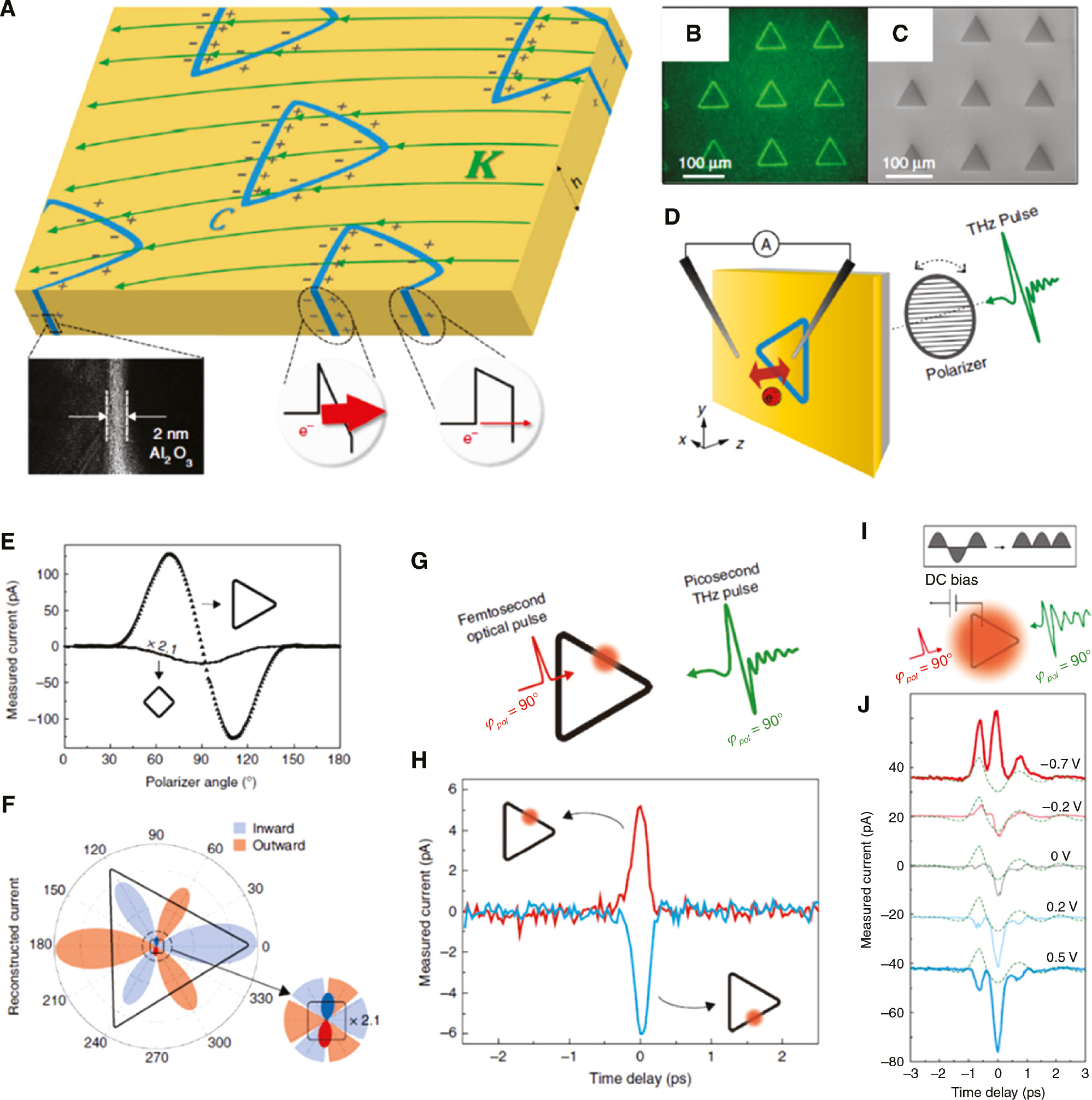 Figure 13: Terahertz tunneling rectification in metal nanogaps.(A) Terahertz-pulse–driven tunneling current rectification using a ring-shaped nanogap sample fabricated in a metallic film. Incident terahertz field induces surface current on a metallic film (denoted by a vector field K), which applies terahertz electric potential across the ring-shaped tunneling barriers (denoted by contour C). The shape of the ring is critical for the terahertz tunneling rectification, which affects directly to the accumulation of finite electrons inside the metallic island under a terahertz pulse excitation. A TEM picture shows the cross-sectional image of the barrier, which is composed of 2-nm-thick Al2O3 layer sandwiched in the gold film. (B) An optical microscope image and (C) SEM image of the sample. (D) Experimental scheme. The incident THz field is linearly polarized and induces eddy current on the gold surface, which acts as a current source K both inside and outside the triangle as shown in (A). (E) Measured tunneling current as a function of incident terahertz polarization. Triangle- and rectangle-shaped barriers are exploited, which possess different symmetry properties. (F) Polar plots of the data (E). (G) Ultrafast tunneling current measurement scheme using femtosecond optical pulse illumination on the ring-shaped barriers. (H) Depending on the excitation position and time delay between the terahertz and optical pulses, the optical pulse generates position-sensitive and time-dependent switching signal. (I) Schematic of THz full-wave rectification. A DC bias imposes potential difference for the whole ring, thereby giving a preferred current direction. The optical spot is expanded to probe the total tunneling current flowing through the whole ring. (J) Measured terahertz full-wave rectification. Dashed green curves show the terahertz potential profile. The value of the applied DC bias is denoted for each curve, and the curves are vertically displaced for clarity. The figures are reproduced from Reference [104].