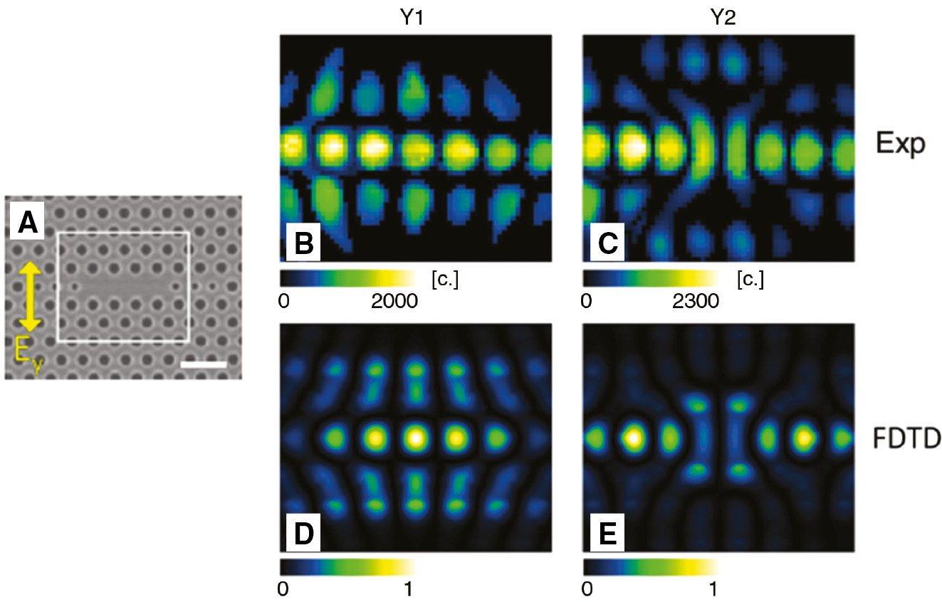 Figure 8: Resonant forward scattering (RFS) data and FDTD simulations of Y1 and Y2 modes in the y polarization channel.(A) SEM image of the GaN L3 PhC nanocavity sample where the white rectangle shows the area scanned in the SNOM measurements. Scale bar, 1 μm. (B and C) Experimental maps of the Fano amplitude measured in RFS configuration for Y1 and Y2 modes, respectively. (D and E) FDTD calculations of |Ey|2 for Y1 and Y2 modes, respectively. FDTD maps are normalized to their maximum value. All the maps correspond to a 3.0×2.5 μm area. Reprinted with permission from Ref. [65]. Copyright (2015) AIP Publishing.
