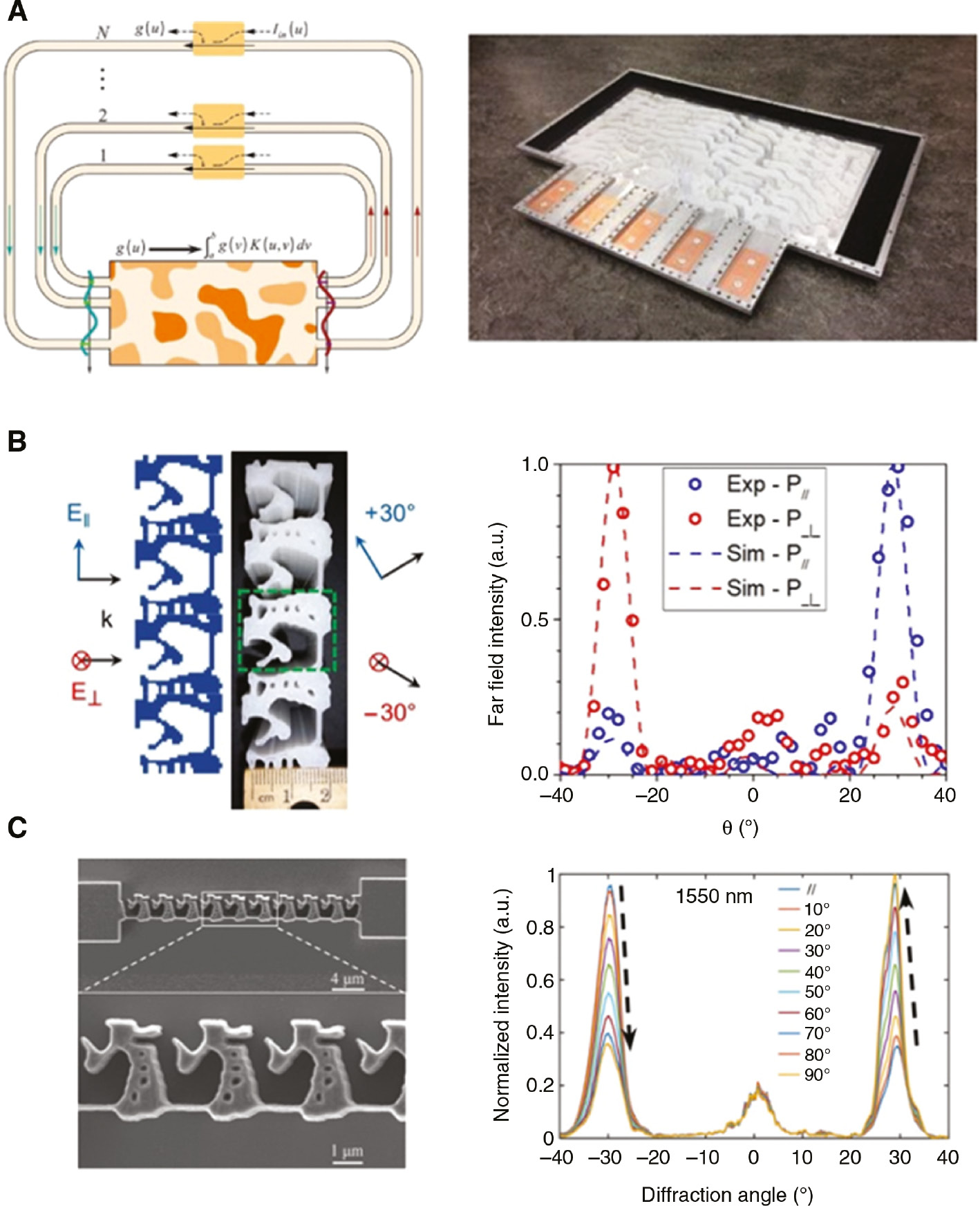 Figure 9: Inverse-designed metastructures.(A) Left: Sketch of a closed-loop network, consisting of a suitably designed kernel operator (metamaterial block), feedback mechanism, and in/out coupling elements to excite and probe the waves. The N waveguides realize the external feedback network. The direction of the wave flow is indicated by arrows. Right: Photograph of the constructed metamaterial. Adapted from Ref. [118]. Copyright (2019) AAAS. (B) Left: Schematic drawing and top-view photograph of the 3D-printed inverse-designed 30° polarization splitter. With parallel(vertical) electric-field polarization E||(E⊥), the input plane wave is bent to +30° (−30°). Right: Simulated (dashed line) and measured (circles) far-field power profiles for both parallel and perpendicular polarizations. Adapted from Ref. [119]. Copyright (2018) Nature Publishing Group. (C) Left: Scanning electron micrograph of the top view of the printed device. Right: Normalized experimental transmitted intensity of the fabricated sample as a function of diffraction angle for various input polarization angles. Adapted from Ref. [120]. Copyright (2019) John Wiley & Sons.