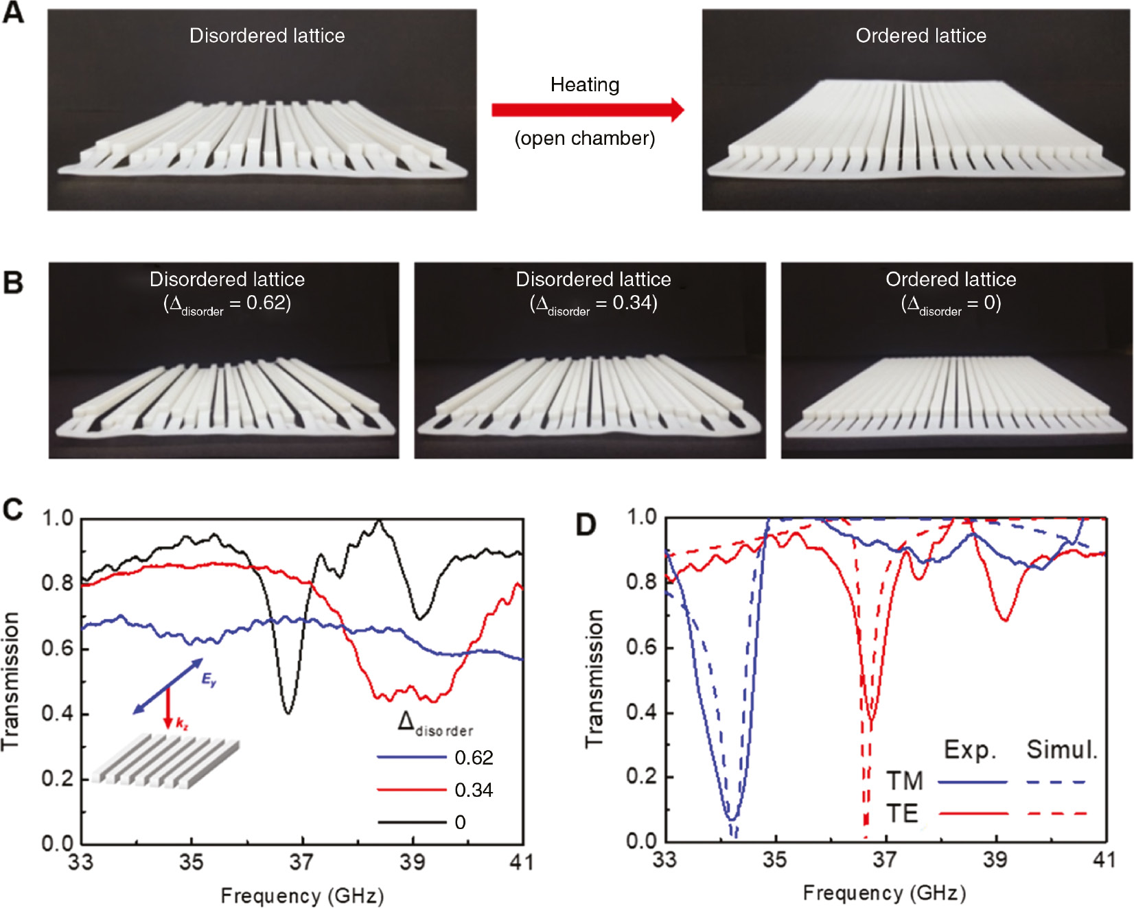 Figure 12: Spectra response of ordered and disordered lattices.(A) Photographs of disordered and ordered SMP lattices. The disordered lattice returned to an ordered one in an open chamber (hot oven). (B) Photographs of SMP lattices with different degrees of disorder. The ordered lattice has Δdisorder=0. (C) Transmission spectra for three samples in Figure 12B. (D) Comparison of measured and simulated spectra for TE- and TM-polarized transmission. Adapted from Ref. [135]. Copyright (2019) John Wiley & Sons.