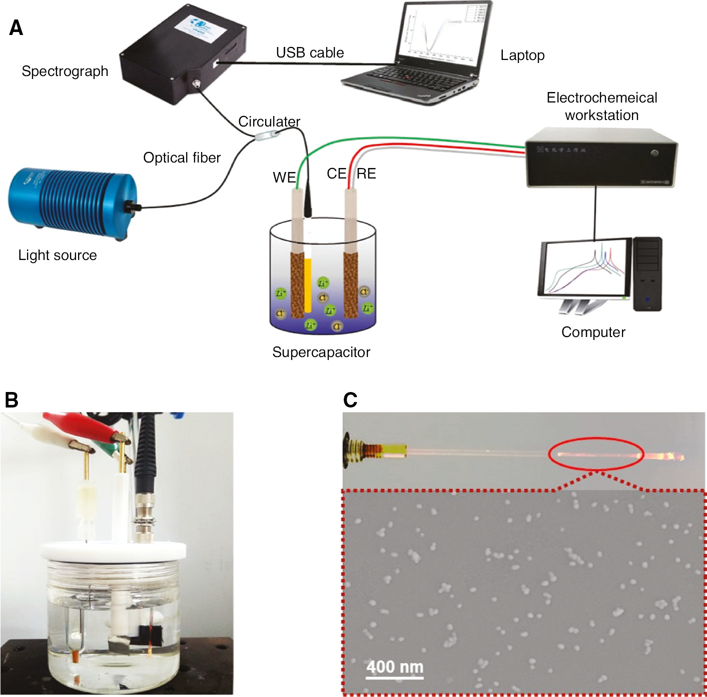 Figure 2: Fiber-optic LSPR sensor for in situ monitoring the state of charge in supercapacitor.(A) Schematic representation of instrumental sensing system for fiber-optic LSPR sensor monitoring the charge and discharge process in supercapacitor. (B) The picture of in situ monitoring supercapacitor with fiber-optic LSPR sensor. (C) Optical and SEM image of sensing surface of the fiber-optic LSPR sensor.