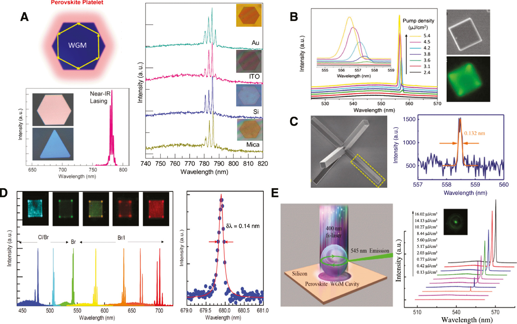 Figure 5: The perovskite WGM lasers.(A) Top: The schematic of the hexagonal NP laser. Bottom: The lasing spectrum from NP. Insets: The optical images of NPs. Right: The lasing spectra of the perovskite NP laser devices on mica, Si, ITO and Au from the bottom to top panels. Reproduced with permission [13]. Copyright © 2014 WILEY-VCH Verlag GmbH & Co. KGaA, Weinheim. (B) Left: The emission spectra of a square microdisk with pump intensity. Inset: The locally amplified spectra with distinct blue shift. Right: The optical images of a microdisk under different pump intensity. Reproduced with permission [68]. Copyright © 2015 WILEY-VCH Verlag GmbH & Co. KGaA, Weinheim. (C) Left: The SEM image of the big “cross” in MAPbBr3 microrod. The area under the yellow dashed rectangular box is the optical pumping area. Right: The laser spectrum and fitted FWHM at the threshold. Reproduced with permission [69]. Copyright ©2017, Royal Society of Chemistry. (D) Left: The lasing spectra and emission images of individual CsPbX3 perovskite nanoplatelets with different halide ions. Right: The zoom-in spectrum of a lasing mode of CsPbBrxI3−x with FWHM of 0.14 nm. Reproduced with permission [47]. Copyright © 2016 WILEY-VCH Verlag GmbH & Co. KGaA, Weinheim. (E) Left: The schematic of an individual CsPbBr3 microsphere on silicon substrate pumped by a 400 nm laser excitation. Right: The excitation power-dependent lasing spectra from a single CsPbBr3 microsphere. Inset: The PL image of microsphere above the lasing threshold. Reproduced with permission [70]. Copyright © 2017, American Chemical Society.