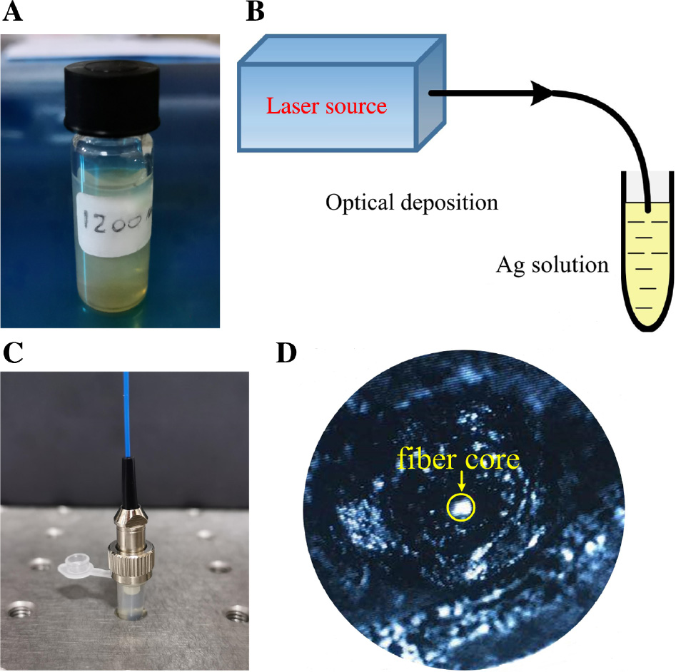 Figure 2: Optical deposition of Ag nanoplates.(A) The solution with ~150 nm wide Ag nanoplates prepared, resulting in a plasmon resonance at ~1200 nm; (B) scheme of laser-induced deposition method; (C) image of optical deposition to induce the Ag nanoplates to fiber facet; (D) fiber facet with Ag nanoplates after optical deposition.