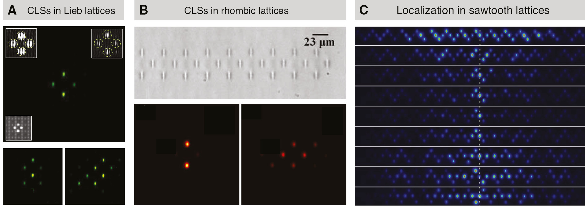 Figure 4: Examples of the compact localized states observed in fs-laser-written flat-band photonic lattices.(A) The CLSs and their superimposed bound states observed in a Lieb lattice [32]. (B) The CLSs and the equal-phase modes observed in a rhombic lattice [31]. (C) Experimental output intensity for the bulk excitation under different regimes of wave transport in a sawtooth lattice [34].