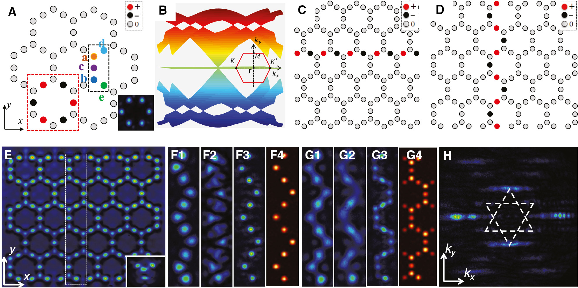 Figure 7: Demonstration of unconventional line states in a finite photonic sHCL with bearded edges [85].(A) Schematic of sHCL structure consisting of five sites (a–e) shown in dark-dashed square, with a flat-band mode (the CLS) shown in red-dashed square. Sites with zero amplitudes are denoted by gray color, and those with nonzero amplitudes of opposite phase are denoted by red and black colors. (B) Calculated band structure based on the tight-binding model. (C, D) sHCL with two different cutting boundaries that support (C) a “straight” line along x direction and (D) a “zigzag” line along y-direction. Red and black colors represent opposite phase. (E) The cw-laser-written sHCL. The white dashed line marks the position of the probe beam. (F) From left to right: (F1) the input of the out-of-phase probe beam, (F2) output without the lattice, (F3) output through the lattice, and (F4) simulated version of (F3). (G) Setup is as in (F) but with an in-phase probe. (H) Momentum space spectrum of (F3), where the dashed lines outline the first and second BZs.