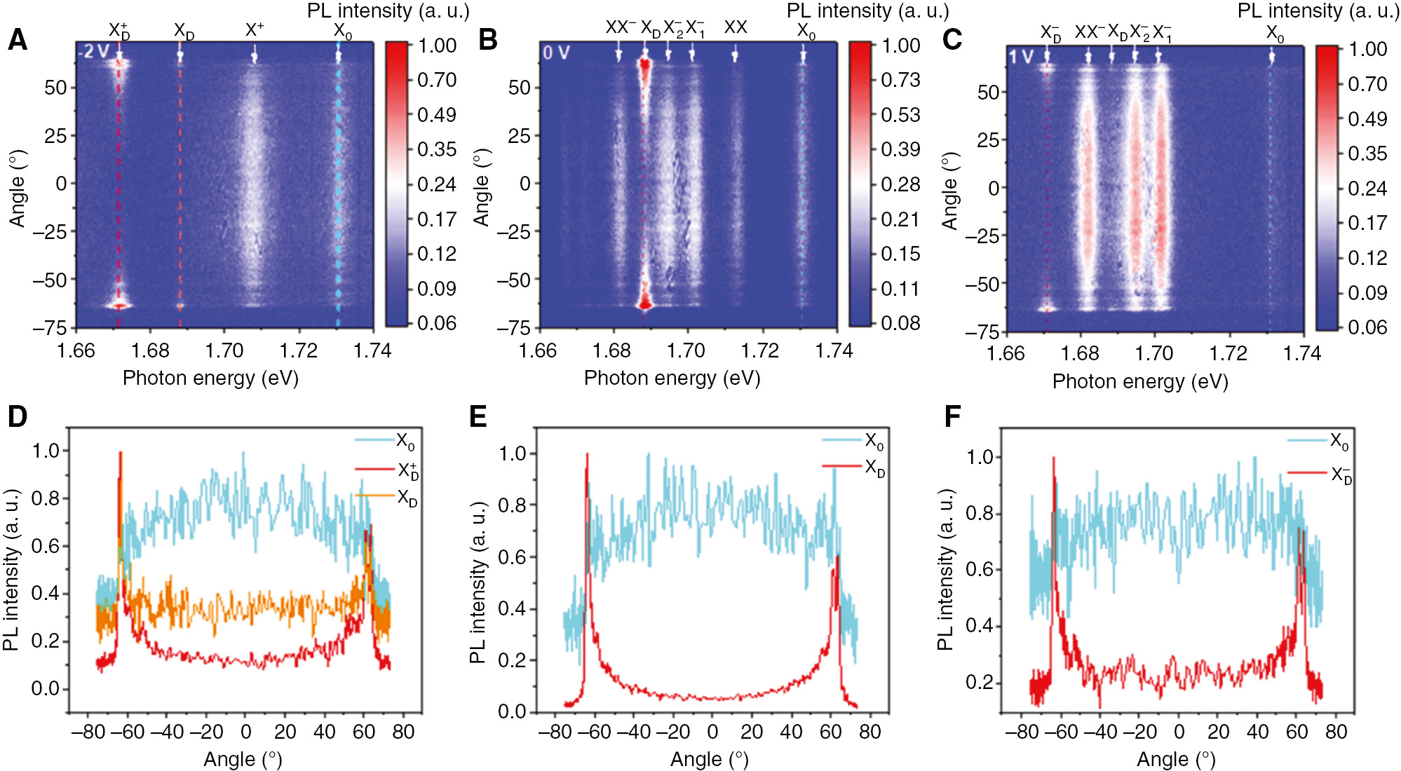 Figure 8: Fourier plane imaging of the different excitonic states.(A–C) The radiation angle and photon energy–dependent PL spectra color plots of the gate voltages of −2, 0, and 1 V, respectively, corresponding to the XD+,${\rm{X}}_{\rm{D}}^ + ,$ XD, and XD−,${\rm{X}}_{\rm{D}}^ - ,$ respectively. (D–F) Linecuts of the PL spectra as a function of the detection angle for the different excitonic states, corresponding to the color plots in A–C. The Fourier plane imaging obviously shows that the XD+,${\rm{X}}_{\rm{D}}^ + ,$ XD, and XD−${\rm{X}}_{\rm{D}}^ - $ share the same radiation pattern, with the maximum PL intensity locating at the detection degree of ~64°, which is distinctively different from the X0 maximizing at the degree of 0°.