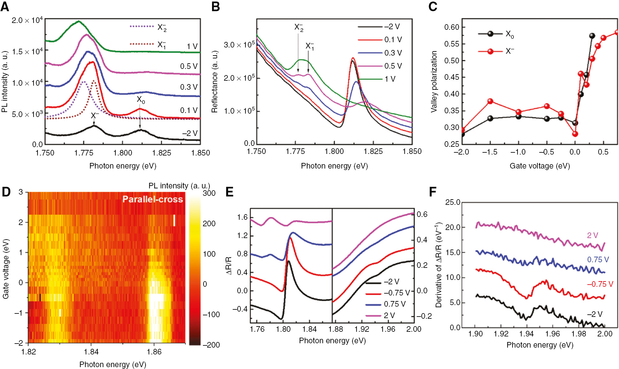 Figure 13: Excitonic states and exciton–phonon coupling in h-BN sandwiched WSe2.(A) Light emission of monolayer WS0.6Se1.4 as a function of the gate voltage at 14 K. The monolayer alloy clearly shows the emissions of the exciton and trion. The trion also exhibits the fine structure of the intervalley and intravalley trions. (B) Gate voltage–dependent reflection spectroscopy of monolayer WS0.6Se1.4. Similar to the PL spectra, the reflection spectra show the absorption of exciton and trion, which also indicates the intervalley and intravalley trions fine structures. (C) The degree of valley polarization of exciton and trion from valley-resolved PL spectra as a function of the gate voltage. Both the valley polarization of exciton and trion increase with the gate voltage from −2 to 1 V. (D) Color plot of PL spectrum difference between the parallel and cross configuration as a function of the gate voltage at 77 K, which clearly presents the two Raman scattering peaks. (E) Gate voltage–dependent differential reflectance spectra of the monolayer WS0.6Se1.4. (F) Derivative of the differential reflectance spectra of the monolayer WS0.6Se1.4 as a function of the gate voltage at 14 K. A new feature X* at ~1.945 eV shows up in the charge-neutral region, corresponding to the 2s state of A exciton.