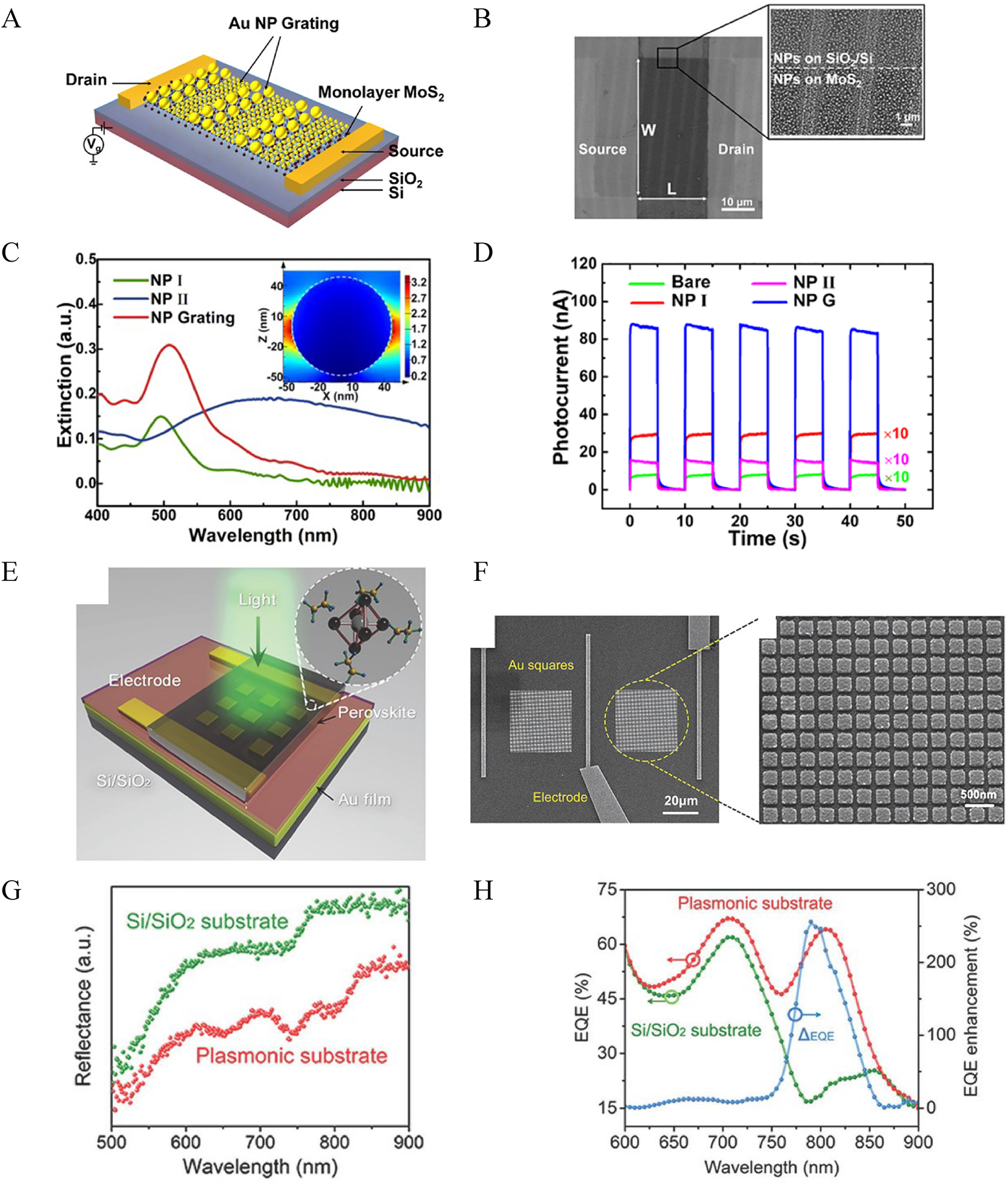 Figure 4: (A) Schematic representation and (B) SEM images of Au nanoparticle grating/MoS2 hybrid photodetector. (C) Extinction spectra of Au nanoparticles (NP I: diameter/period = 47/110 nm and NP II: diameter/period = 200/600 nm) and Au nanoparticle grating with period of 4 μm. Inset: simulated electric field distribution around NP I. (D) Photocurrents of MoS2 photodetectors with different plasmonic nanostructures [106]. Copyright 2020, American Chemical Society. (E) Schematic representation and (F) SEM images of perovskite photodetector on Au square arrays. (G) Measured reflection spectra of perovskite films on Si/SiO2 and plasmonic substrates. (H) Spectral external quantum efficiency of the perovskite devices on Si/SiO2 and plasmonic substrates [107]. Copyright 2018, WILEY-VCH Verlag GmbH & Co. KGaA, Weinheim.