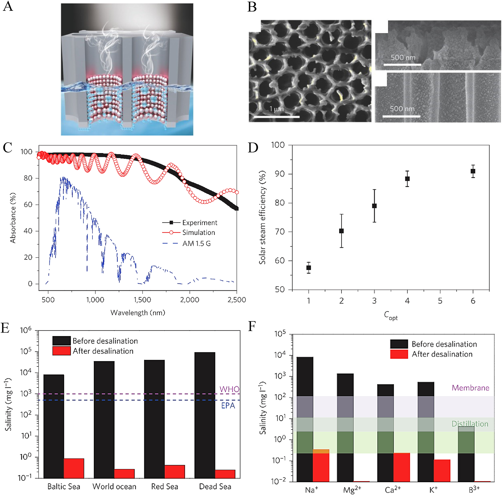 Figure 12: (A) Schematic representation and (B) top-view and cross-section SEM images of the Al NP/AAM plasmonic nanostructures. (C) Simulated and experimental absorption spectra of the Al NP/AAM plasmonic nanostructures. (D) The evaporation performance of an Al NP/AAM structure under different solar concentrations. (E, F) The measured (E) salinities (the weight percentage of Na+) of the four seawater samples and (F) concentrations of four ions in the seawater before and after desalination. The dashed coloured lines refer to the World Health Organization and the US Environmental Protection Agency standards for the drinkable water [66]. Copyright 2016, Springer Nature.
