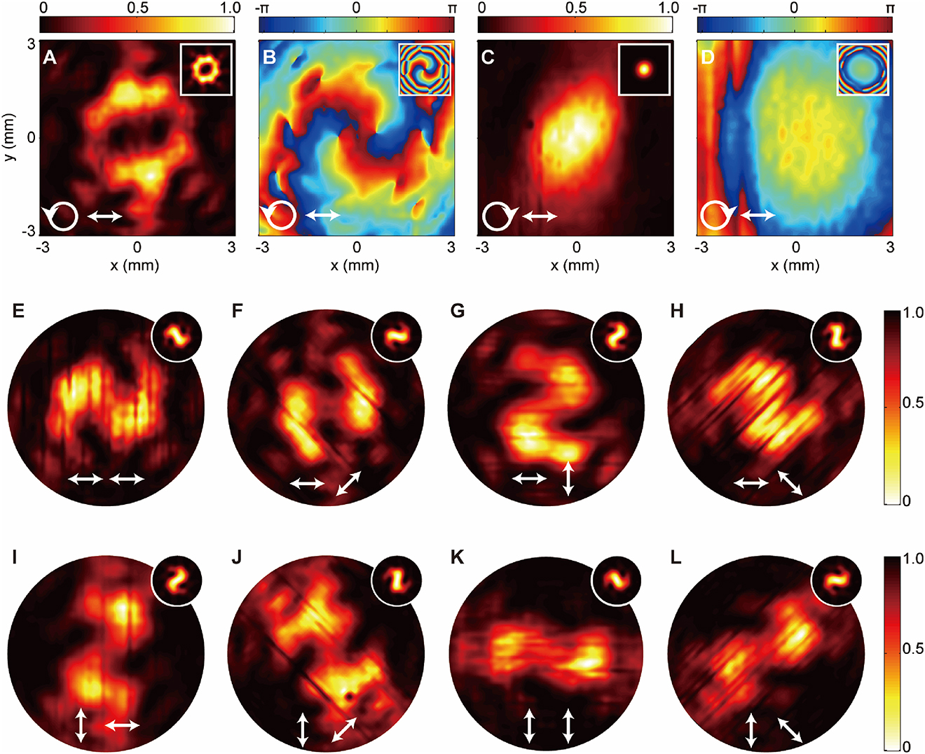Figure 4: Experimental and simulated performance of the metasurface VVB generator. (A, B) Measured normalized intensity distributions and phase distributions of ExL. (C, D) Measured normalized intensity distributions and phase distributions of ExR. (E–L) Measured normalized intensity distributions of Exx, E45°x, Eyx, E−45°x, Exy, E45°y, Eyy, and E−45°y, respectively. All the measured results are plotted in the xy plane at 1.1 THz. The former and latter inset arrows in the bottom indicate the input and detect polarizations, respectively. The inset figures in the top-right positions are the corresponding simulated normalized intensity and phase distributions at 1.0 THz. The diameters of the circles in (E–L) are all 6 mm.