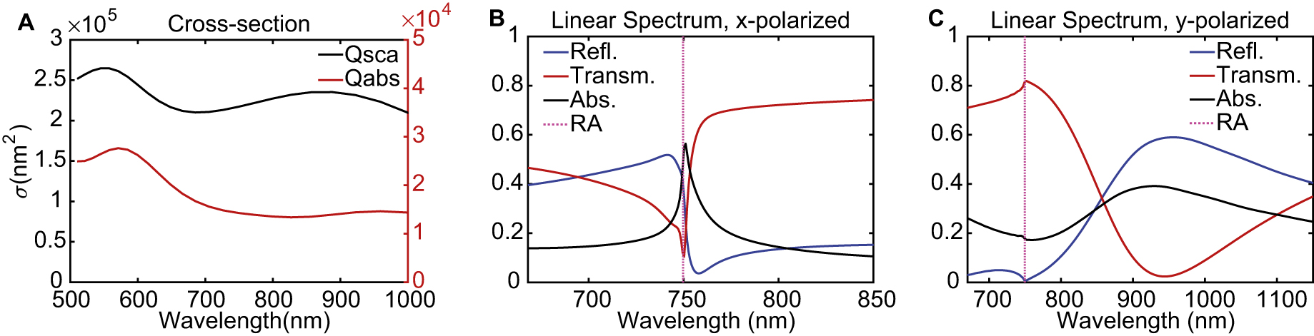 Figure 2: (Color online) (A) Scattering and absorption cross-sections for a single gold sphere with r = 100 nm numerically calculated with FDTD method. Reflection, transmission, and absorption spectra for the nanoparticle array with (B) x-polarized and (C) y-polarized incident electric fields. The vertical dotted line denotes the wavelength of the 〈1,0〉$\langle 1,0\rangle $ Rayleigh anomaly. Note that the spectral ranges are different and adjusted to enlarge regions containing narrow resonant features. In (B), a minimum in the reflection nearly coincides with a maximum in the transmission and both are close to the maximum of absorption, where the EQ lattice resonance is excited. In the panel C, a comparatively broad ED resonance is excited around the wavelength 950 nm with a small feature present near the Rayleigh anomaly wavelength at the wavelength 750 nm.