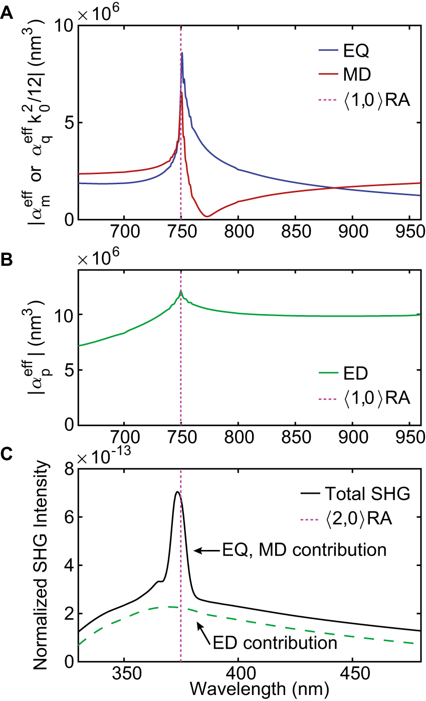 Figure 3: (Color online) Effective polarizabilities of (A) EQ, MD and (B) ED in the periodic nanoparticle array with lattice periods px = 510 nm and py = 250 nm. Multipoles are shown in panels A and B separately for clarity. (C) Relative strength of the SHG in the periodic array. The SHG with x-polarized incident electric field exhibits a narrow resonance peak around the wavelength 375 nm corresponding to the excitation of EQ- and MD-multipole resonance around the wavelength 750 nm. The vertical dotted line denotes the wavelength of the 〈1,0〉$\langle 1,0\rangle $ and 〈2,0〉$\langle 2,0\rangle $ Rayleigh anomaly. The dashed line in panel C denotes the ED contribution at fundamental wavelength to the SHG.