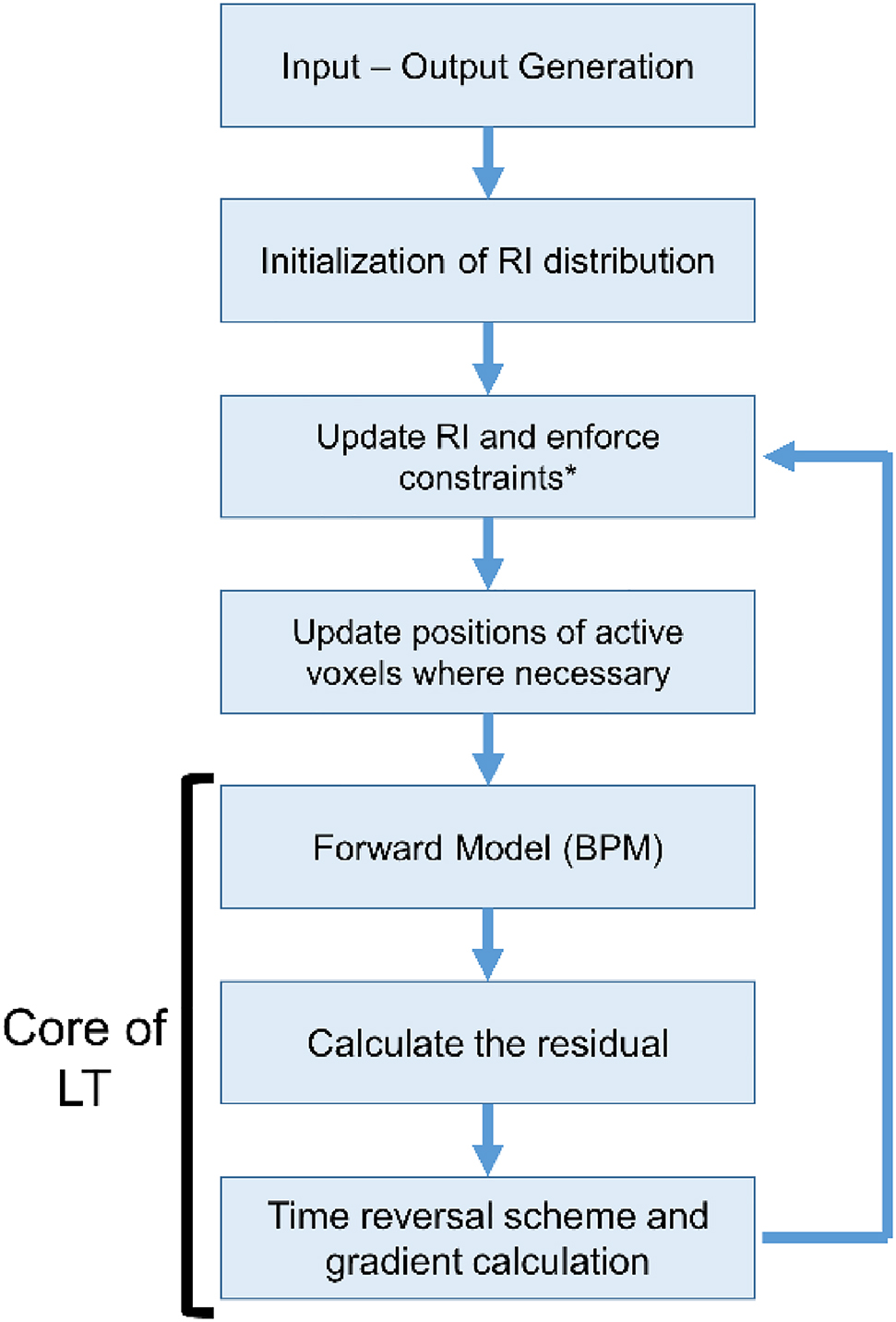 Figure 3: The scheme of the optimization based on LT. *Possible constraints are voxel averaging, RI limitations and thickness limitations.