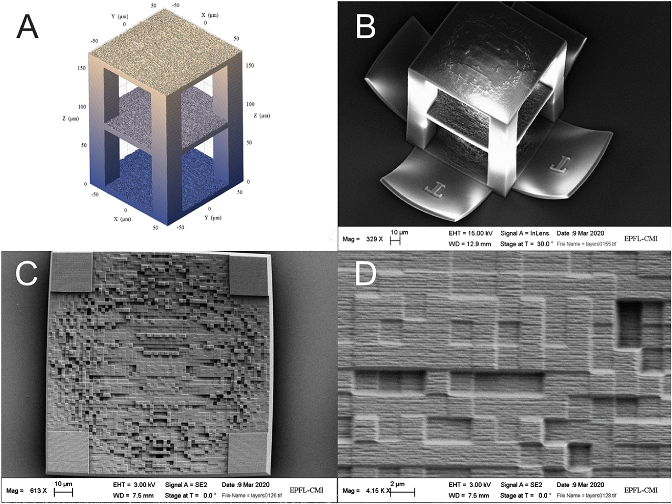 Figure 9: (A) CAD rendering of 3-layer volume element. (B) Scanning Electron Microscope image of the volume element with four additional bases on sides. (C) One layer of the Volume element. (D) Zoomed in version to show 2 µm by 2 µm lateral size of voxels.