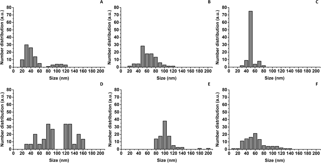 Figure 3: Size distribution of SeNPs within (A) Bio SeNP extract_LB, (B) l-cys SeNPs_1:3 (C) l-cys SeNPs_1:3 + OM_LB, (D) Bio SeNP extract_NB (E) l-cys SeNPs_1:4, and (F) l-cys SeNPs_1:4 + OM_NB.