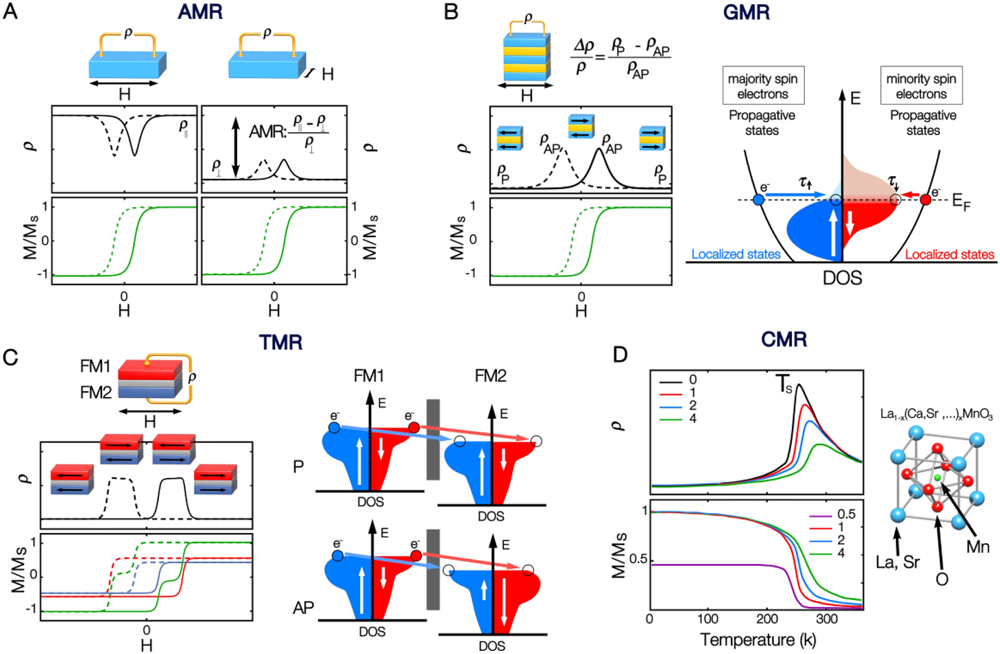 Figure 2: Four spintronic phenomena leading to MRE. (A) Anisotropic magnetoresistance (AMR): black and green curves represent, respectively, the dependence of electrical resistivity and magnetization on the applied magnetic field for a ferromagnetic layer. The magnetic field varies from positive to negative (dotted lines) or from negative to positive (full lines). (B) Giant magneto resistance (GMR): Left panel. - black and green curves represent, respectively, the dependence of electrical resistivity and magnetization on the applied magnetic field for a ferromagnetic/non ferromagnetic metallic multilayer. The magnetic field varies from positive to negative (dotted lines) or from negative to positive (full lines). Right panel. - Schematic representation of the Density of States (DOS) of a multilayer in the P state for different types of electrons. (C) Tunnel Magneto Resistance (TMR) : Left panel. - Black curves represent the dependence of the tunnel resistivity on the magnetic field, whereas the green, red and blue curves represent the dependence of the total magnetization and the magnetizations of the FM1 (represented in red) and FM2 (represented in blue) layers on the magnetic field, respectively. The insulator spacer layer is represented in grey. The magnetic field is applied in the plane and varies from positive to negative (dotted lines) or from negative to positive (full lines). Right panel. - Schematic representation of the DOS of all the electrons, for the parallel (P) and antiparallel (AP) configurations, for the two ferromagnetic electrodes FM1 and FM2, respectively. The blue (red) regions correspond to the electrons whose spin points to the positive (negative) direction. The blue and red arrows represent the tunnel current of each spin channel. (D) Colossal Magnetoresistance (CMR) (From ref [29], https://doi.org/10.1103/PhysRevLett.75.3336, with permission): Left panel. - Resistivity (upper graph) and magnetization (lower graph) as a function of the temperature for different values of the applied magnetic field. The values of the magnetic field in Tesla along with the corresponding line colors are indicated in each graph. Crystal structure of a representative CMR compound.