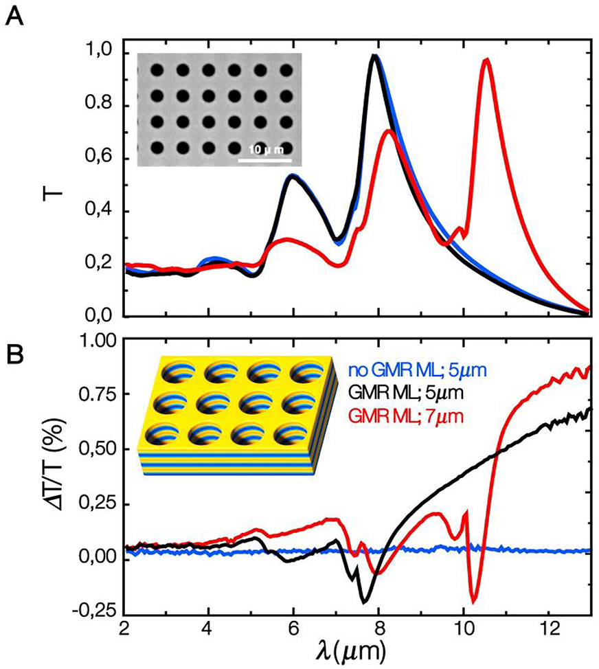 Figure 10: MRE mediated magnetic modulation of propagating plasmons in the mid IR. (A) Normalized transmission spectra at normal incidence for unpolarized light for membranes fabricated on Ni81Fe19/Au multilayers without GMR (blue line 5 μm period) or with GMR (black line 3.8% GMR and 5 μm period, red line 4.2% GMR and 7 μm period). The spectra show the characteristic Extraordinary Optical transmission (EOT) peaks, linked to the excitation of propagative plasmons. The inset shows an SEM image of a membrane fabricated on a Ni81Fe19/Au multilayer. (B) MRE spectra (ΔT/T=(TP-TAP)/TAP) for the same membranes. The membrane fabricated on the multilayer without GMR shows no signal (blue line), whereas the membranes fabricated on the multilayers with GMR (black and red lines) show derivative like features at the position of the EOT peaks, due to the modulation of propagative plasmons, superimposed to a broad band originated from the multilayer. The inset shows a schema of the membrane with its internal structure.