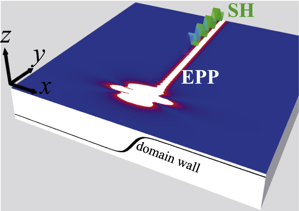 Figure 1: Scheme of the second-harmonic generation (SHG) by the chiral current in magnetic TI. A point dipole excited an edge plasmon-polariton (EPP) localized at the domain wall. Nonlinear conductivity results in the emergence of the SH signal, which is also localized at the domain wall. TI, topological insulator.