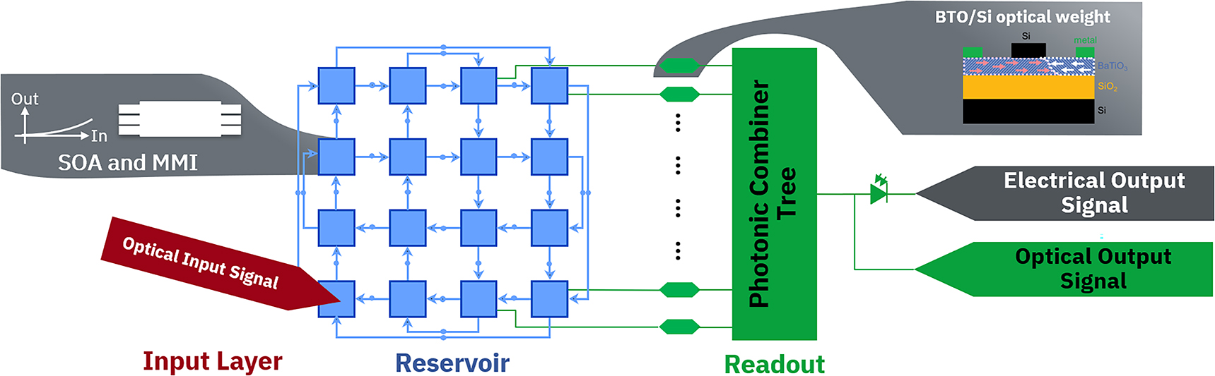 Figure 6: Concept for an all-optical integrated reservoir computing system. The reservoir consists of a network of nodes (blue boxes) based on semiconductor optical amplifiers (SOAs) and multimode interferometers (MMIs), which are connected by delay line waveguides (blue dots). For the node connection, a four-port architecture was used. Additionally, a fraction of the light is coupled out at each node and transmitted to a photonic weight. We suggest using electro-optic switches based on barium titanate to implement the signal weights. After the weighting, the signals are combined through a coherent combiner tree, and the output signal is either converted into the electrical domain using a photodetector or kept in the optical domain.