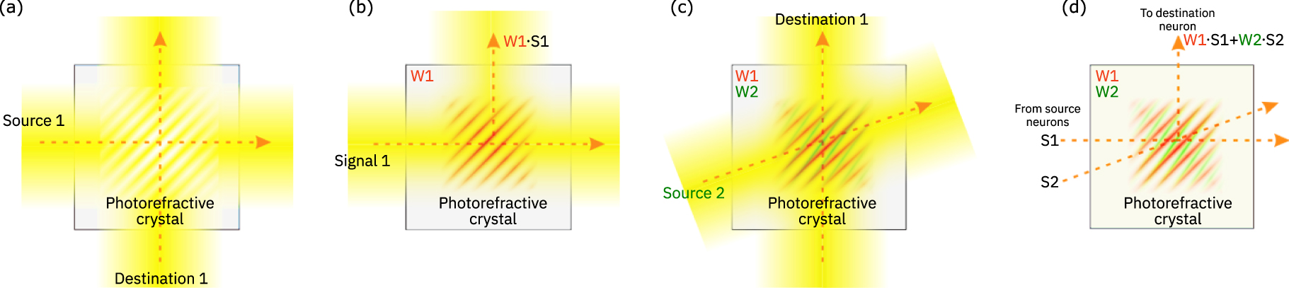 Figure 8: (a) A synaptic weight is formed in the photorefractive crystal through the interference of two light beams. Charge carriers are optically excited and diffuse to dark regions of the interference pattern. The charge separation induces an electrical field, and through the Pockels effect, a modulation of the refractive index is induced. (b) An optical signal (S1) impinging from the direction of source 1 will now be diffracted toward destination 1, resembling the operation of a single synapse. (c) A second grating is formed by applying a second source (source 2), while the destination direction is kept the same. (d) By subsequently applying input signals from the directions of source 1 and source 2, an analog multiply and accumulate operation is performed toward destination 1.