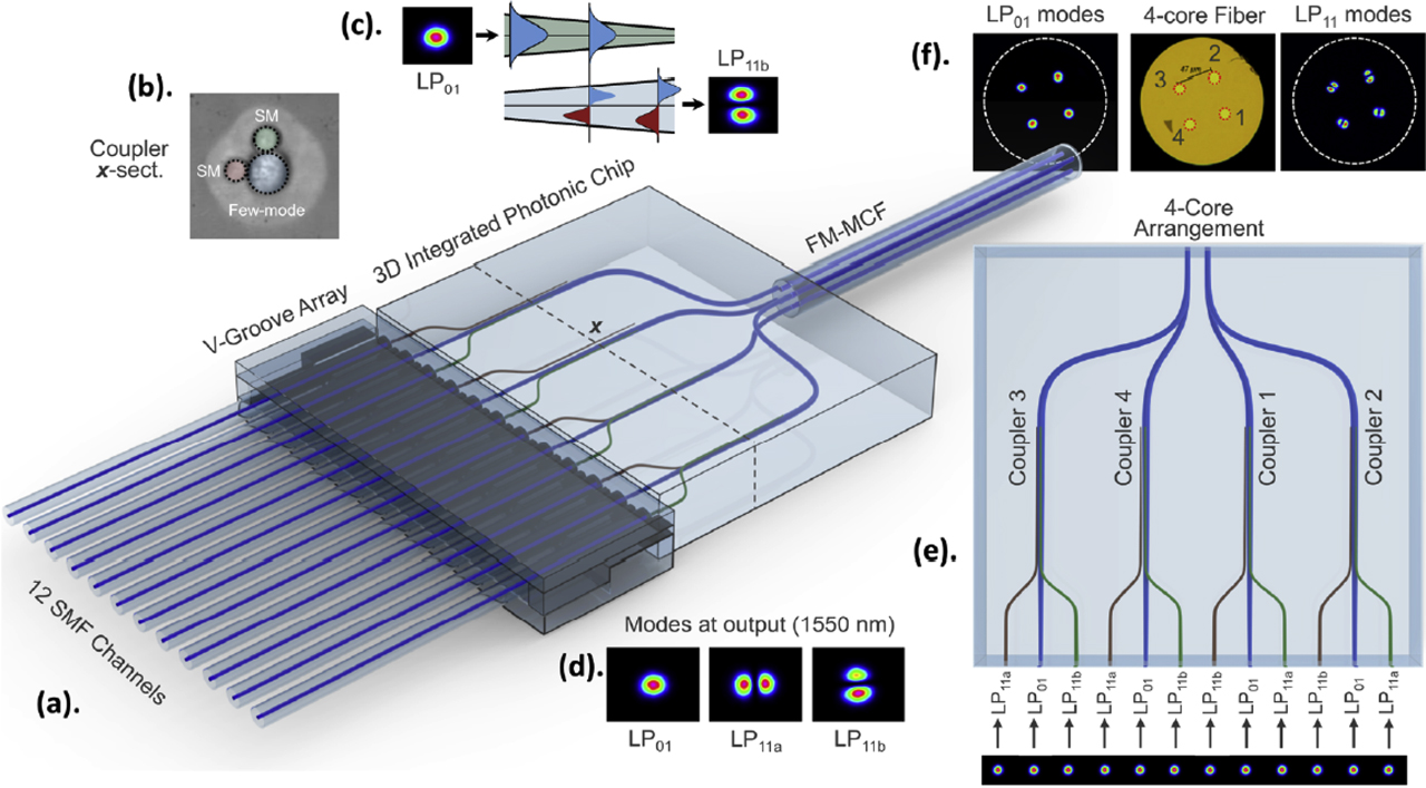 Figure 26: (a) 3D schematic of FM-MCF multiplexer. (b) Microscope image of cross section of few-mode coupler; (c) the adiabatic mode evolution in few-mode coupler; (d) infrared images of LP01, LP11a, and LP11b modes of one core. (e) Top view of multiplexer; (f) cross section of a 3-mode 4-core fiber and modes excited in each core [268]. FM-MCF, few-mode multicore fiber.