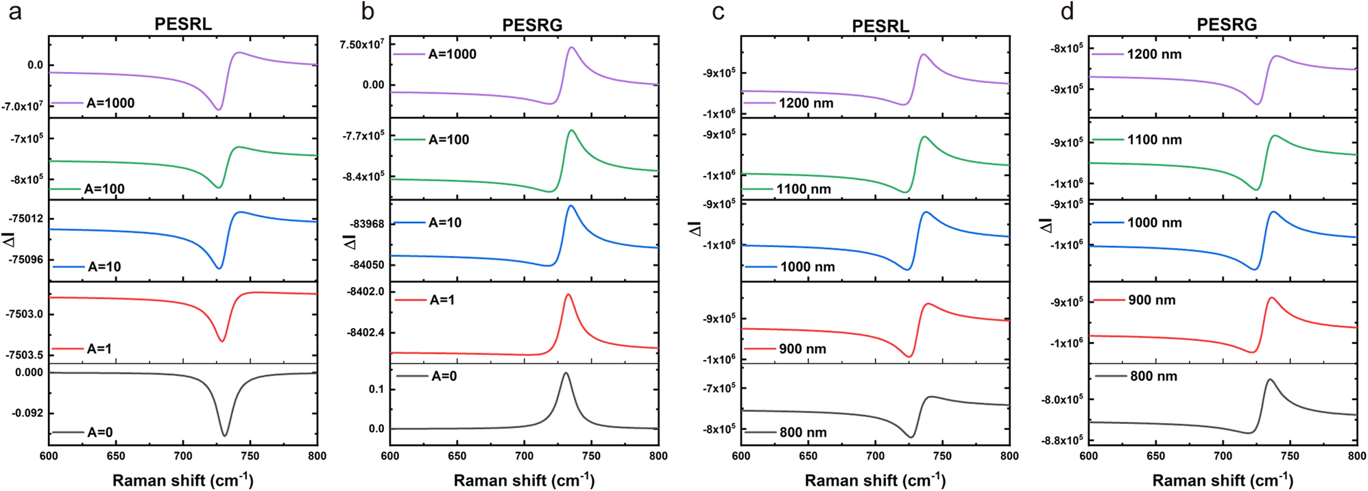 Figure 2: Simulation results. (a–b) Simulated plasmon-enhanced stimulated Raman loss (PESRL) (a) and plasmon-enhanced stimulated Raman gain (PESRG) (b) as a function of the plasmonic enhancement factor, A. The plasmon peak is kept at 800 nm. (c–d) Simulated PESRL (c) and PESRG (d) as a function of the plasmon peak ΩR${\text{{\Omega}}}_{R}$ and enhancement factor is kept at 100. For all simulations, the pump and Stokes beam wavelengths are centered at 969 nm and 1040 nm, respectively. The Raman peak is centered at 731 cm−1 with an half width at height maximum (HWHM) of 7 cm−1. The photothermal effect (PT) constant C is set as −10,000.