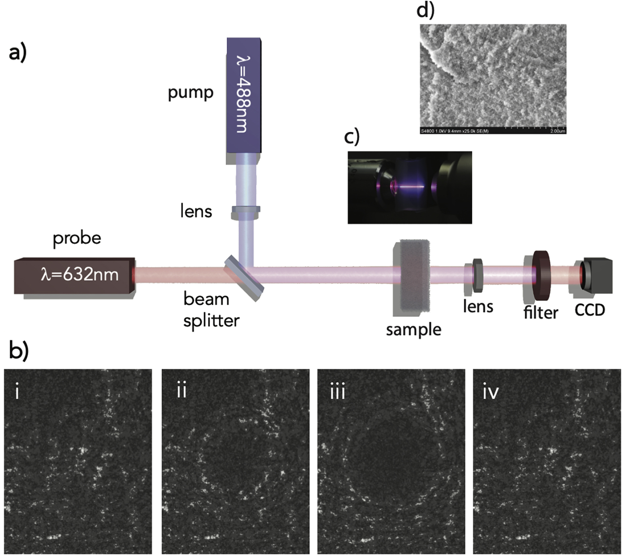 Figure 1: Experimental PUF setup.(a) All-optical PUF aerogel setup and configuration. (b) PUFs collected by the CCD as speckle patterns for t = 0 s (i), t = 20 s (ii), t = 40 s (iii), and t = 60 s (iv). (c) Picture of a real aerogel sample with (d) the corresponding scanning electron microscope (SEM) image. PUF, physical unclonable function.