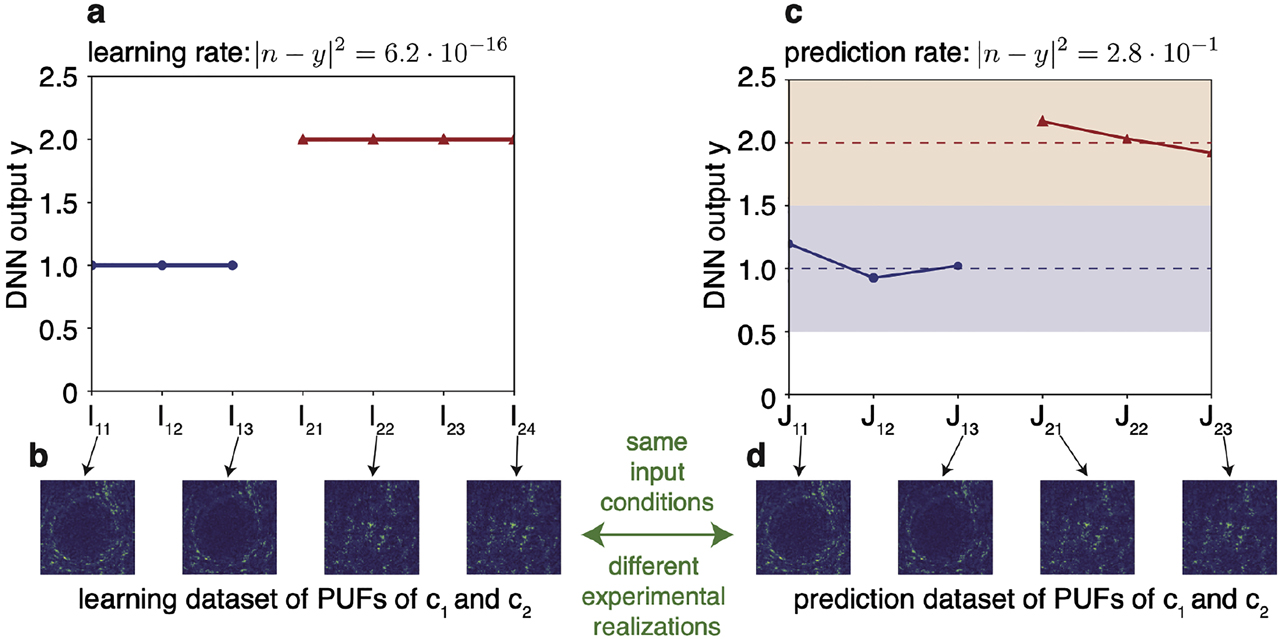Figure 3: Deep neural network training and key association.(a) Learning error in the training data set composed of seven PUFs belonging to classes c1 and c2, which are obtained with the same pumping power P = 200 mW and at different acquisition times. The PUFs I11−I13 are associated with the output integer y = 1, while I21−I24 are associated with y = 2. (b) CCD images of the PUFs. Panel (c–d) report the same analysis of (a–b) for the prediction data set, composed of six PUFs J11−J13 of class c1 and J21−J23 of c2. The PUFs in the prediction data set are generated in a different experiment and are not included in the training data set. PUF, physical unclonable function; DNN, deep neural network.