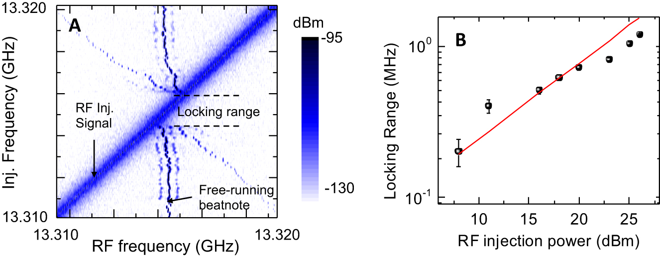 Figure 5: (A) Injection locking map for an injected radio frequency (RF) power of +25 dBm. The map is recorded by sweeping the RF injection signal (diagonal line across the panel) toward the free running beatnote and then locking it. The quantum cascade laser (QCL) is 2.7 mm long and 70 µm wide. (B) Locking range extracted from the QCL injection locking at different RF injection power (black squares), following a 0.5-slope dependence in log–log scale (red line).