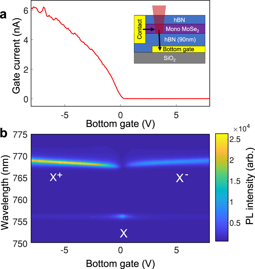 Figure 1: Consistent cross-hexagonal boron nitride (hBN) photocurrent.a) Gate-voltage dependence of through-hBN photocurrent for the inset device structure (device A) under 15 µW, 660 nm optical excitation. This behavior is spatially uniform and is reproduced in a series of devices of varying hBN thickness. b) Photoluminescent emission from the same device showing presence of photocurrent in the hole doped regime.