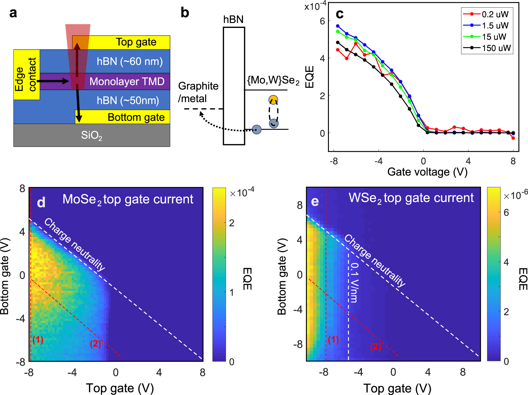 Figure 2: Power, field, and doping dependence in MoSe2 and WSe2.a) Schematic of the dual-gated, hexagonal boron nitride (hBN) encapsulated transition metal dichalcogenide (TMD) structure designed to enable independent control of doping and electric field between the TMD and metal gates (device B). b) Band structure schematic for half of the device in (a) illustrating the hole-side photocurrent into one of the top/bottom electrodes when the TMD is hole-doped and electric field oriented toward the electrode. c) Quantum efficiency curves for a single-gated configuration (device A) show linear dependence on optical power. Here, external quantum efficiency (EQE) is the ratio of carriers through the hBN to photons incident on the heterostructure. Dependence of total current on gate conditions for MoSe2 (d) and WSe2 (e) shows qualitatively distinct characteristics. While both systems require hole doping, WSe2 also exhibits minimal current below a field of 0.1 V/nm and much lower overall quantum efficiency relative to MoSe2.