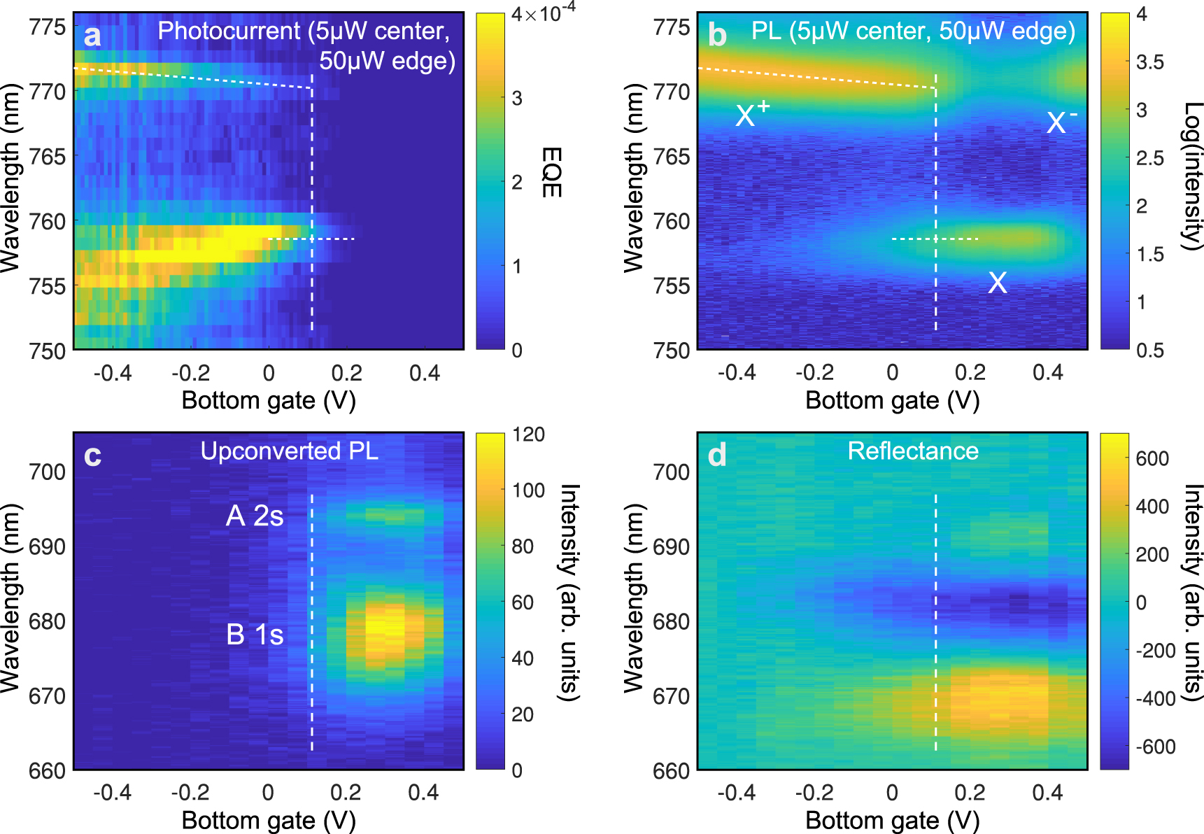 Figure 5: Photocurrent under resonant excitation and competition with exciton upconversion.a) MoSe2 (device C) photocurrent differential for 50 µW off-resonant gate-edge excitation and 5 µW variable-wavelength center excitation shows current following the exciton and trion resonances seen in photoluminescence (PL) in (b). c) Upconverted photoluminescence spectra taken at 759 nm excitation, documented in literature to arise from Auger excitation of the 1s A exciton, yielding emission of higher Rydberg states, along with the B exciton. d) Reflectance spectra indicating that the B exciton state persists in the hole-doped regime. The onset of hole-doping, however, corresponds to a loss of photoluminescence from the B exciton state and a corresponding onset of photocurrent, suggesting a competition between exciton–exciton Auger and exciton–hole Auger, with the latter dominating in the doped regime.