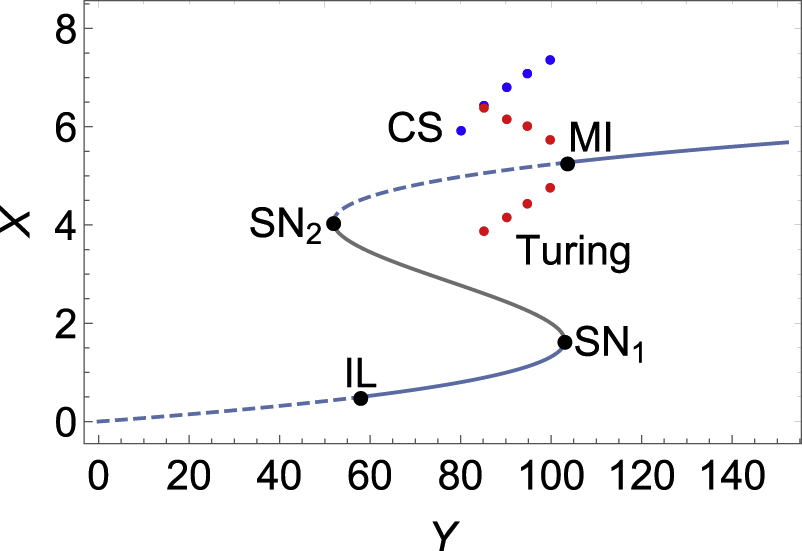 Figure 5: Stationary homogeneous solution (solid and dashed lines), cavity soliton branch (blue symbols), and Turing pattern branch (red symbols) for Eq. (3). Δ = 2.5, G = 2.5, θ = 12 (point b of Figure 3), and ηmax = 100.