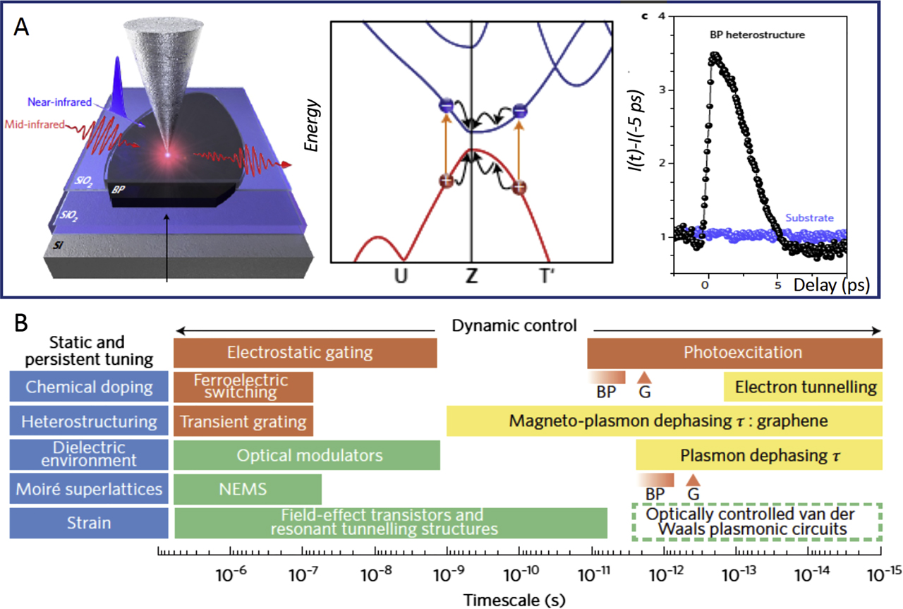 Figure 7: Ultrafast plasmonic effects in van der Waals materials.Panel A: nanoinfrared spectroscopy and imaging of switchable plasmon polaritons in black phosphorous (bP) semiconductor. Left: experimental schematics. Middle: band structure of bP. Orange arrows indicate electron–hole pairs excited by a near-infrared pulse centered at a wavelength of 1560 nm. The curved black arrows indicate carrier cooling toward the band extrema. Right: Ultrafast pump–probe dynamics of the scattered near-field intensity normalized to the signal at the negative delay time (equilibrium). The SiO2 substrate (blue points) shows no dynamics, whereas the SiO2/bP/SiO2 heterostructure (black points) features a strong pump–probe signal. Adapted from a study by Eisele et al. [362]. Panel B: methods for controlling plasmons in van der Waals materials and the corresponding timescales. Static and persistent tuning methods are displayed in the blue boxes; dynamical control methods are displayed in the orange ones. The yellow boxes show the dephasing times (τ) of plasmons and magneto plasmons in van der Waals materials along with characteristic timescales of electron tunneling in these systems. The green boxes represent timescales pertinent for various photonics technologies. The box with the dashed green outline indicates the desired timescales for future ultrafast plasmonic circuits. NEMS, nanoelectromechanical systems; G, graphene. Adapted from a study by Basov et al. [385].