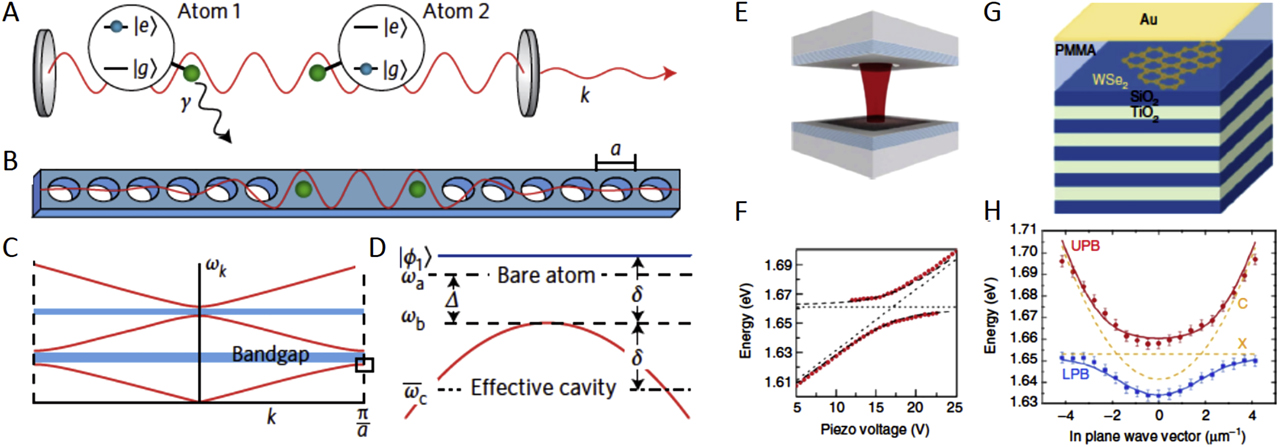Box 1: Cavity quantum electrodynamics and cavity polaritons. In cavity quantum electrodynamics (QED), the spontaneous emission of atoms, molecules, and solids is governed not only by the properties of the emitter per se but is also controlled by its local electromagnetic environment. Optical cavities assembled from two parallel mirrors have long been used to confine light, to enhance light–matter interaction and to promote lasing [19]. The probability of interaction between light and matter is enhanced by the number of bounces the photon makes between the mirrors before leaving the cavity, which is conventionally quantified by the cavity finesse F. Cavities with high quality factors promote extremely efficient light matter couplings. In the strong-coupling regime (where the coherent interactions between the matter excitation and the cavity mode overcome the dissipation, i.e., when the vacuum Rabi splitting is much larger than the linewidth), the atomic or material excitation hybridizes with the photonic mode and produces a cavity polariton. The minimum separation upper polariton branch and lower polariton branch EUPB−ELPB in Panel H is commonly referred to the normal-mode splitting in analogy to the Rabi splitting of a single-atom cavity system [20] (also Figure 4). Rabi splitting can reach fractions of eV in QMs and can exceed 1 eV in molecules [21], [22]. Strong coupling leads to photon blockade, where the presence of a photon in a cavity blocks a second one from coming in the study by Tian and Carmichael [23] and Imamoğlu et al. [24]. See also microcavity polaritons.Panel A: cavity-mediated coherent interactions between two atoms in a Fabry–Perot resonator. Two atoms are coupled with strength gc to a single mode of a Fabry–Perot cavity, enabling an excited atom (atom 1) to transfer its excitation to atom 2 and back. The coherence of this process is reduced by dissipation in the form of the cavity decay at a rate κ and atomic spontaneous emission into free space at a rate γ (adapted from a study by Douglas et al. [25]). Panel B is the photonic crystals, dielectric materials with a periodic modulation of their refractive index, which provide a rich playground for realizing tailored atom–atom interactions. Photonic crystals act as cavities that localize photonic modes (red) at defect sites, created by altering the periodicity (here, by removing certain holes). Atoms coupled to such a system may then interact via this mode in a manner analogous to that in A. Panel C is a typical band structure of a one-dimensional photonic crystal, illustrating the guided mode frequency ωk versus the Bloch wavevector k in the first Brillouin zone. Photonic crystals allow for the exploration of waveguide QED, where atoms are coupled to a propagating photon. Atoms coupled to the crystal have resonance frequency ωa close to the band edge frequency ωb, with Δ ≡ ωa – ωb (adapted from a study by Douglas et al. [25]). Panel D presents the effective cavity mode properties and energy level diagram for the photonic crystal dressed state |ϕ1⟩ (blue), provided the atomic resonance lies inside the bandgap (a frequency region that does not support photon propagation). An excited atom hybridizes with the photonic mode giving rise to an atom–photon bound state, where the photon is localized around the atom, effectively forming a cavity. The dressed state energy ω is detuned by δ from the band edge into the bandgap (band shown in red). The atom is coupled to an effective cavity mode with frequency ωc = ωb − δ formed by superposition of modes in the band (adapted from a study by Douglas et al. [25]). Panel E is an open cavity based on two separated distributed Baragg reflector (DBR) mirrors (shaded blue). The monolayer of active semiconductor material (dark gray) is located on top of the bottom mirror [26]. Panel F is the distance between the mirrors in panel E which can be controlled by a piezo actuator, enabling the tuning of the optical cavity mode into resonance with the excitonic transition. The net effect is the observation of the anticrossing at resonance between the excitonic band and the cavity mode. Adapted from a study by Dufferwiel et al. [26]. Panels G and H are hybrid DBR microcavity with thin semitransparent metallic mirror on top [27]. The lower and upper polariton branches are observed. Trace C displays the cavity resonance C and line X marks the exciton resonance in the absence of coupling. Similar results for strong light–matter coupling in MoS2 semiconductor integrated in DBR cavity were originally reported in a study by Liu et al. [28].