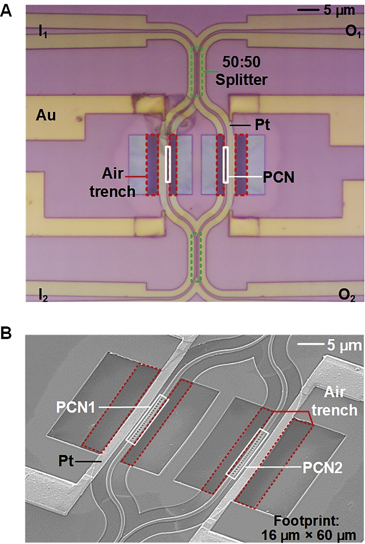 Figure 5:
Images of the fabricated device.
(A) Microscope image of the switch. (B) Scanning electron microscope (SEM) image of the switch.