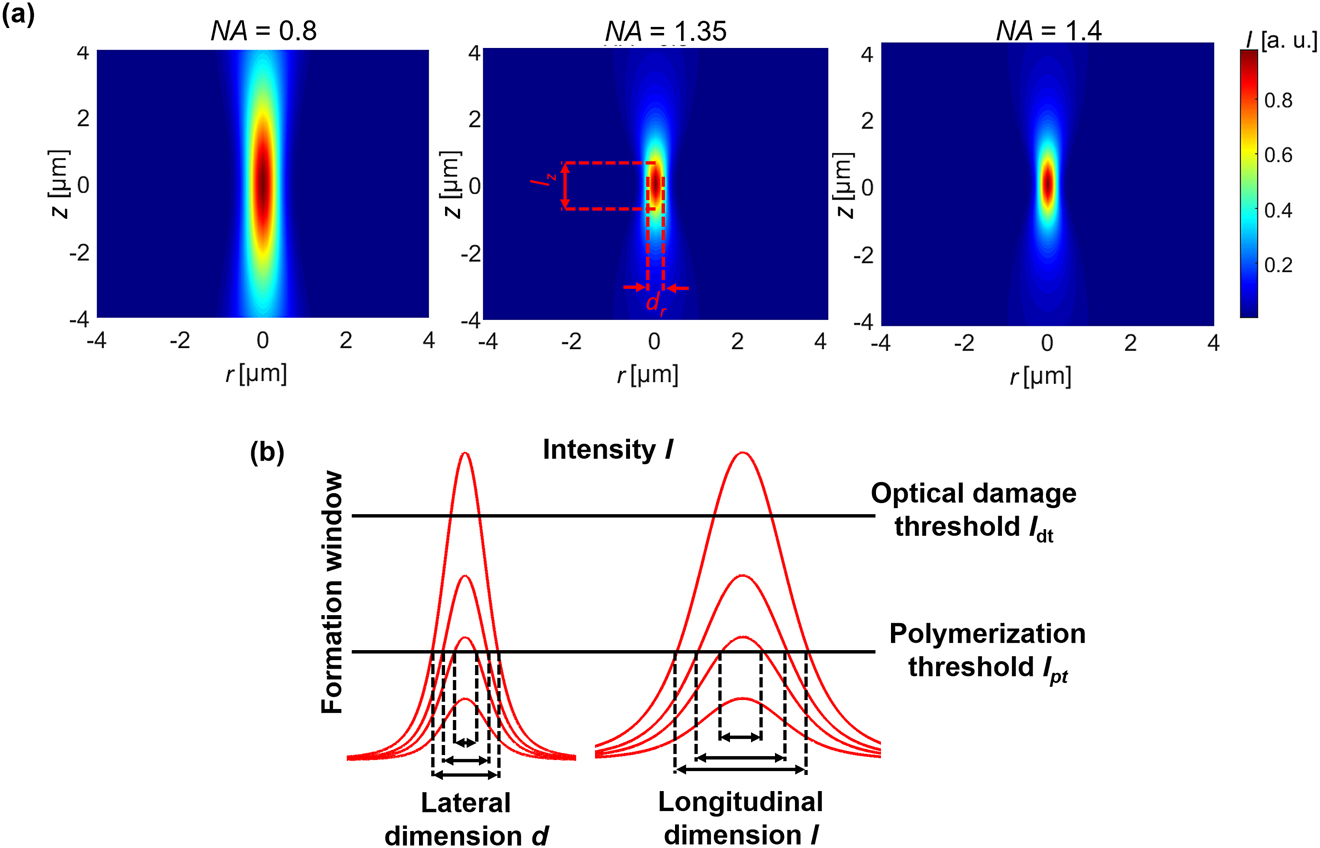 Figure 5: Spatial confinement of light in 2PP.(a) – dynamics of intensity distribution of light focused with an objective lens NA = 0.8, NA = 1.35 and NA = 1.4. Following parameters were used for the calculations: T = 100%, R = 200 kHz, τ = 300 fs, λ = 515 nm, n0 = 1.504. (b) – illustration, how d and l alters when various values of intensity I are applied. Fabrication window is defined by a lower black line (Ipt) showing intensity, at which polymerization reaction starts, and an upper one – an optical damage threshold (Idt).