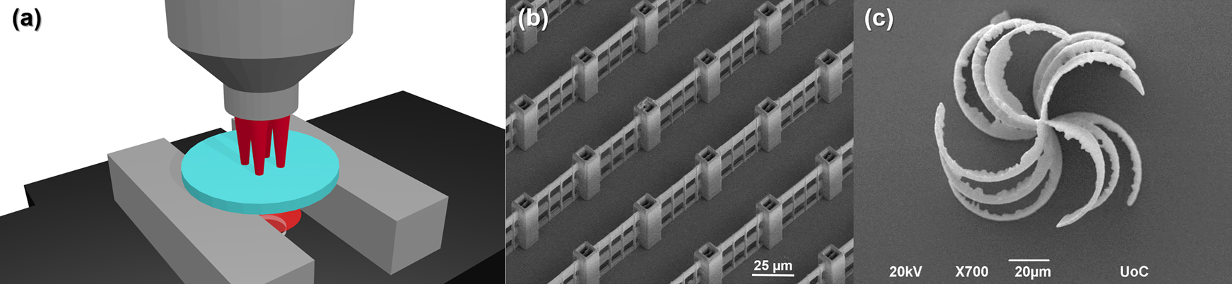 Figure 8: (a) – A depiction of multi-focus illumination after the magnification objective. Reprinted with modification from [130]. (b) – 3D microstructures fabricated in parallel using 9 × 9 beamlets created by a fixed DOE. Reprinted with permission from [126]. (c) – A 3D object printed holographically. Reprinted with permission from [131].