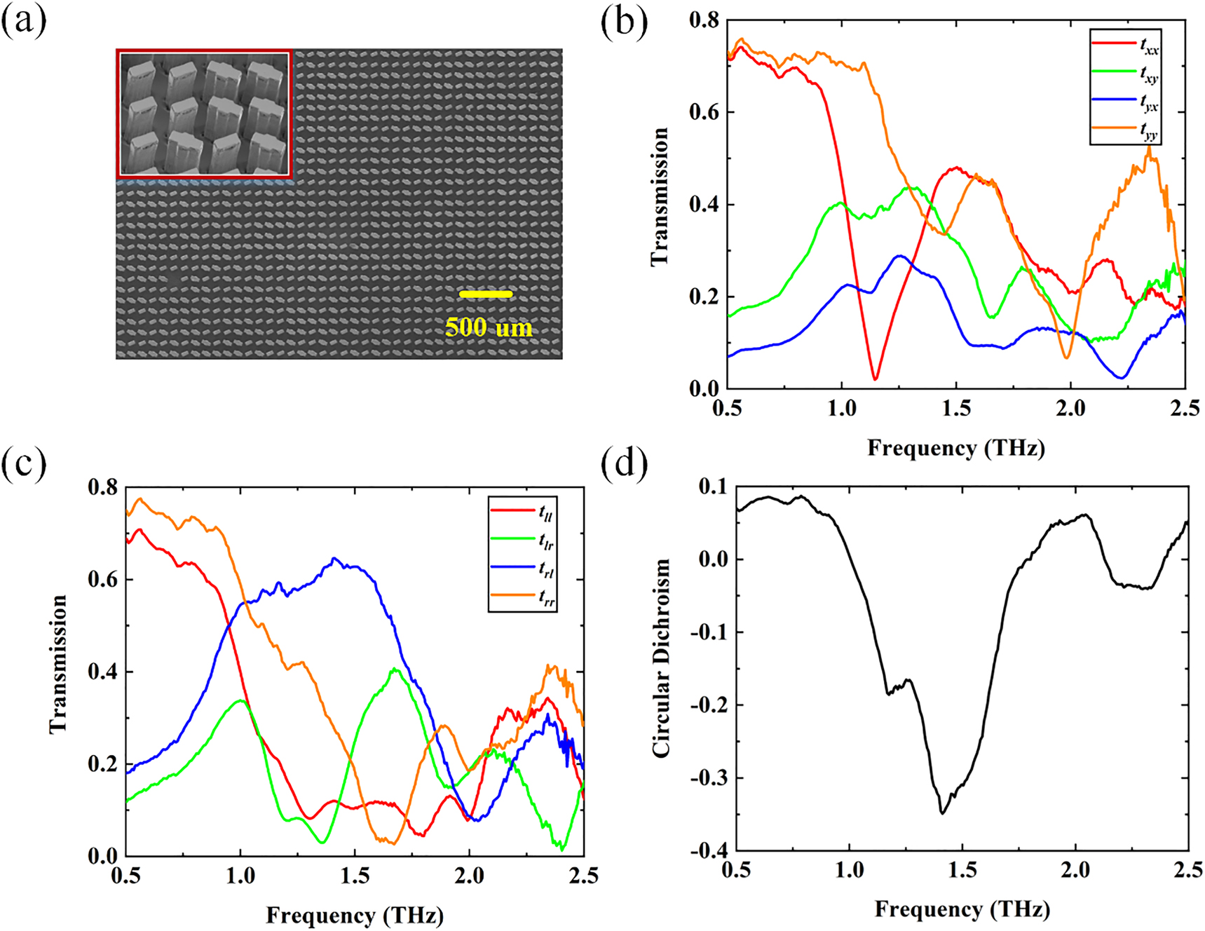 Figure 3: SEM images and experimental results of metasurface-1.(a) SEM images of part of the fabricated metasurface-1. (b) The measured transmission coefficients of the Jones matrix in the LP bases. (c) The measured transmission coefficients in the CP bases. (d) Transmission circular dichroism of the metasurface-1.
