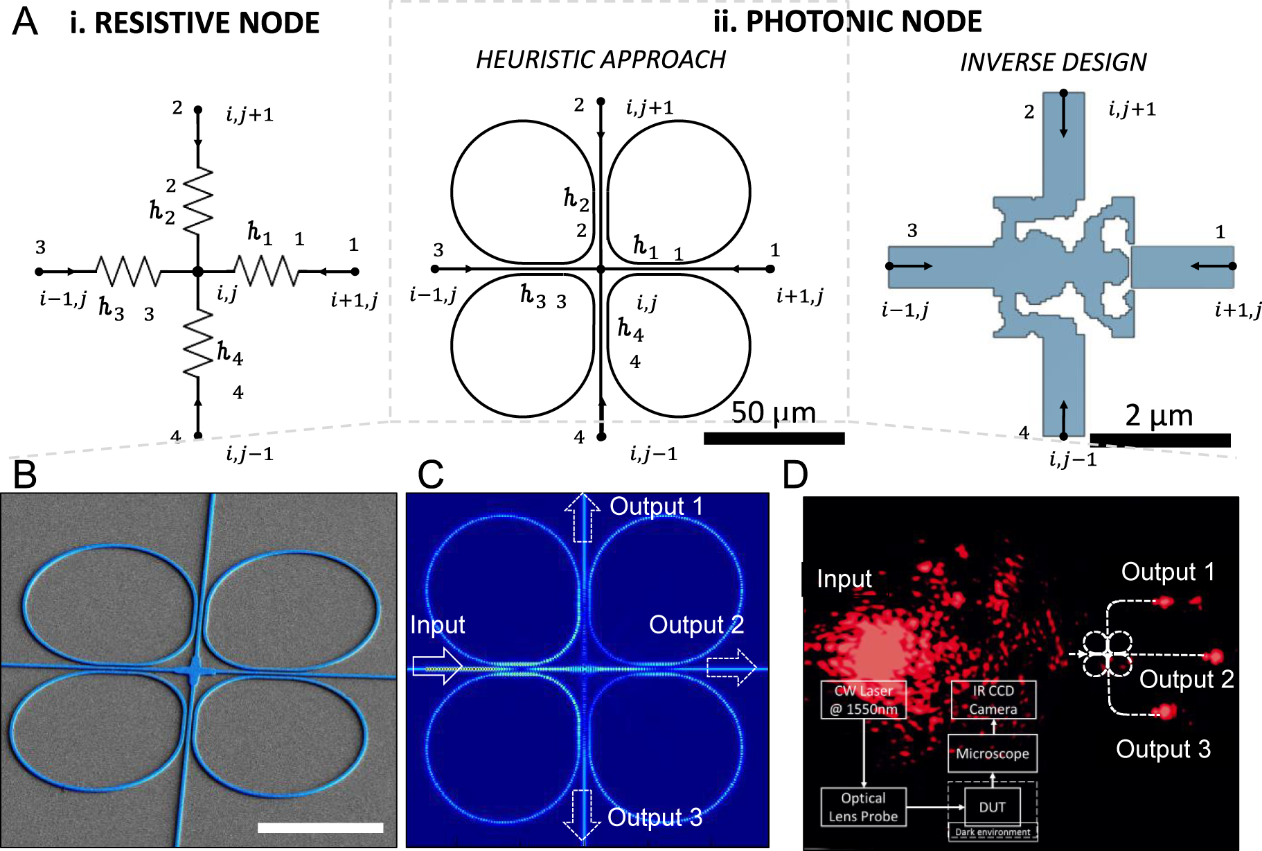 Figure 2: Kirchhoff’s photonic node (KPN).(A) node mapping between (i) a resistive mesh and (ii) a photonic node, designed either using heuristic approach or inverse design algorithm. Kirchhoff’s photonic node implemented either as waveguide crossing assisted by a four waterdrop-like ring resonators or using optimized inverse design [17], [18], [19] (represented with regions of silicon indicated by blue, and silicon dioxide indicated by white). (B) SEM micrograph (53° tilted) of a fabricated Kirchhoff’s photonic node (KPN). False color highlighted in light blue the silicon KPN. Scale bar 20 µm. (C) Electric field distribution using 3D FDTD simulation of the KPN. A TM mode source is injected from the left and aided by the crafted coupling coefficients split evenly in the other three cardinal directions. (D) The microscope image captured by infrared camera assessing the splitting with an inset showing our measurement setup. All simulation and measurement use light source at 1550 nm wavelength.