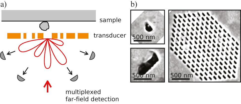 Figure 1: (a) A complex nanophotonic structure scatters incident light into many degrees of freedom in the far field. These contain rich subwavelength information on a sample positioned in the near field of the structure, which functions as a near-field transducer. A multiplexed readout of these degrees of freedom may enable rapid nanoscale sensing without the translation of the transducer. (b) SEM images of the near-field transducers used in this work, which consist of one or more apertures in a gold film.
