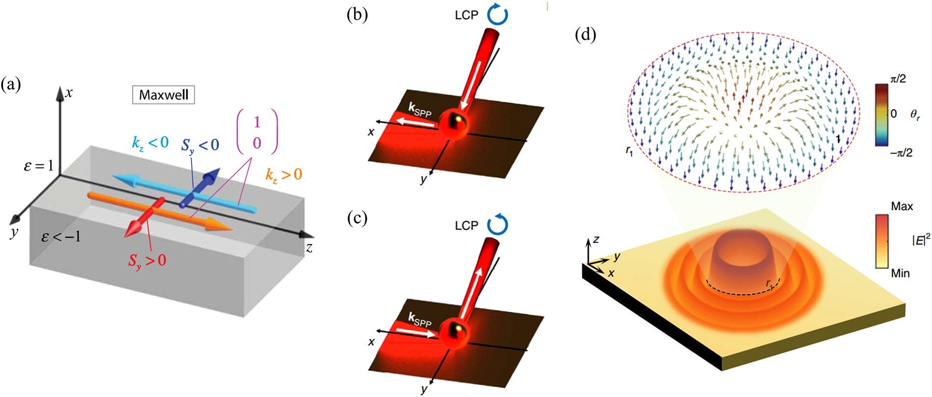 Figure 2: 
Optical phenomena associated with transverse spin: (a) optical analog of the quantum spin-Hall effect in a single polarized evanescent plane wave, for which the transverse spin vector is strictly locked to the direction of momentum [67]; (b) helix-controlled unidirectional emission of surface mode arising from the spin–momentum locking of t-SAM [62]; (c) the inversed effect of (b): direction-dependent excitation of helical modes [62]; and (d) photonic spin skyrmion formed in a single polarized evanescent optical vortex through spin–orbit coupling [75].
