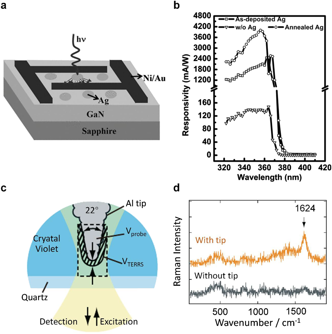 Figure 7: (a and b) A GaN-based UV photodetector with plasmonic enhancement via Ag nanoparticles (a) and its measured responsivity at the UV wavelengths (b). Li et al. [44]. © 2012 WILEY‐VCH Verlag GmbH & Co. KGaA, Weinheim. (c and d) Tip-enhanced Raman scattering spectroscopy (c) and a comparison of the experimental Raman intensity between the cases with and without tip (d). © 2009 John Wiley & Sons, Ltd.